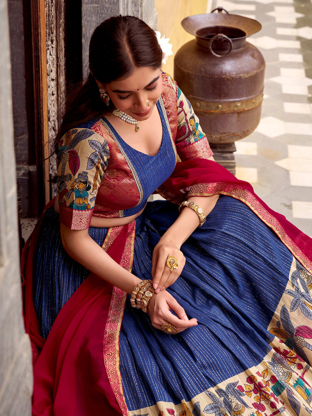 Navy blue poly Chanderi Kalamkari print zari weaving half saree lehenga