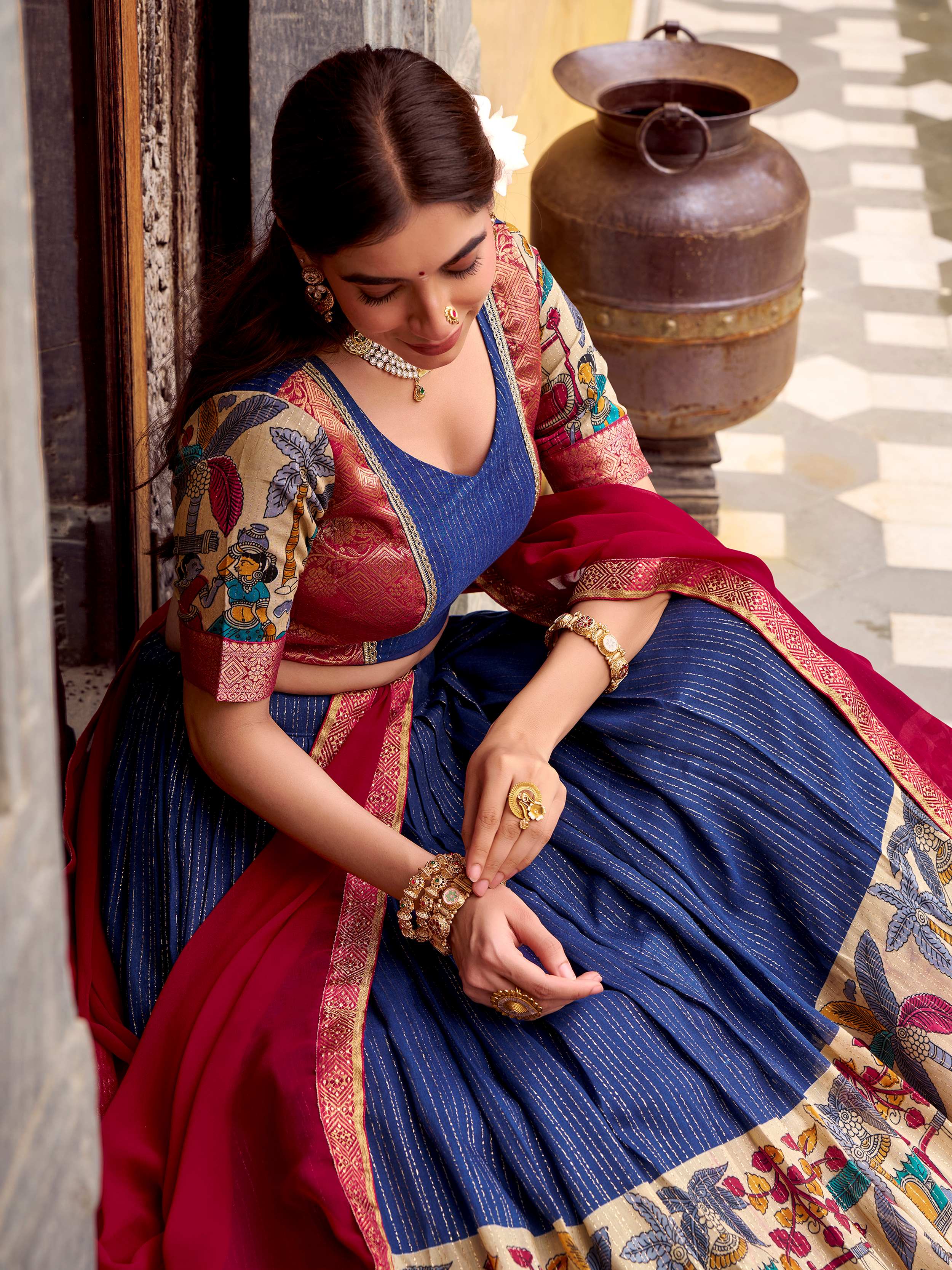 Navy blue poly Chanderi Kalamkari print zari weaving half saree lehenga