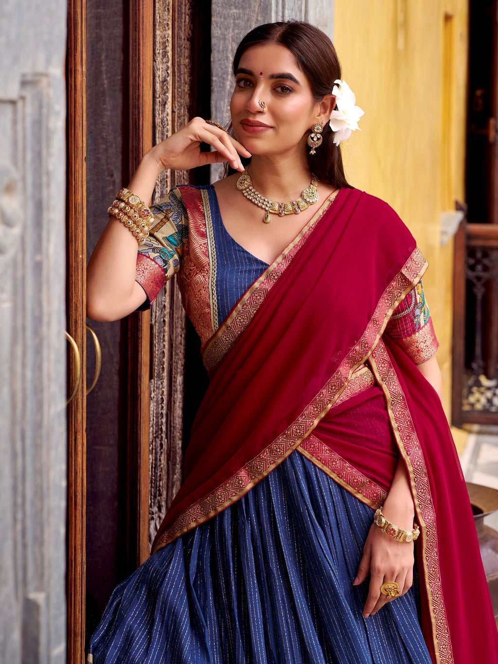 Navy blue poly Chanderi Kalamkari print zari weaving half saree lehenga