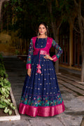 Navy blue poly cotton Kalamkari print gown with zari weaving koti