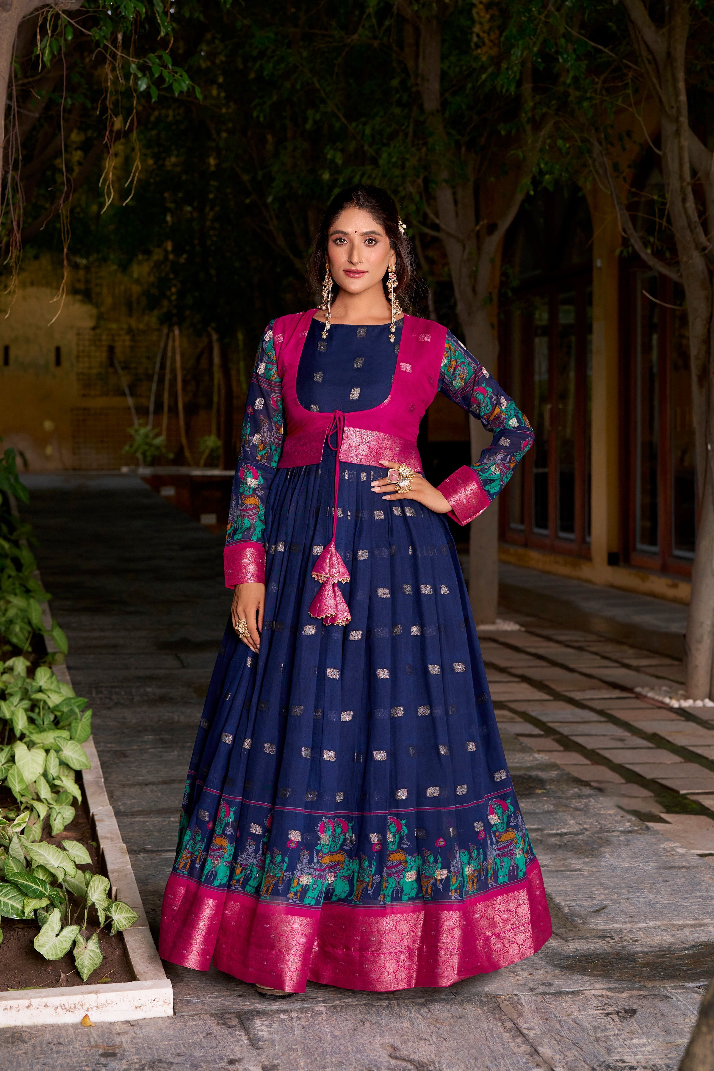 Navy blue poly cotton Kalamkari print gown with zari weaving koti