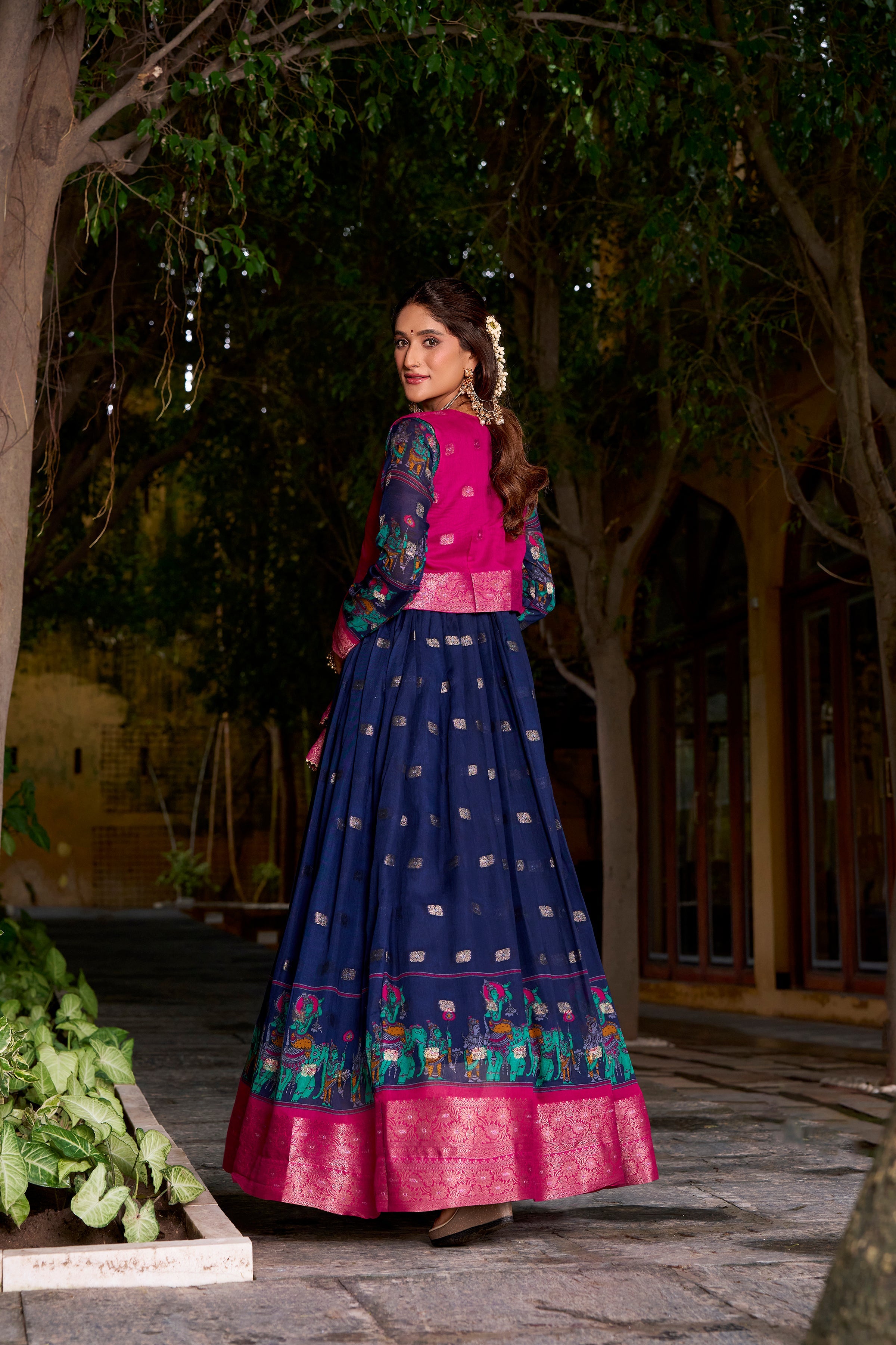 Navy blue poly cotton Kalamkari print gown with zari weaving koti