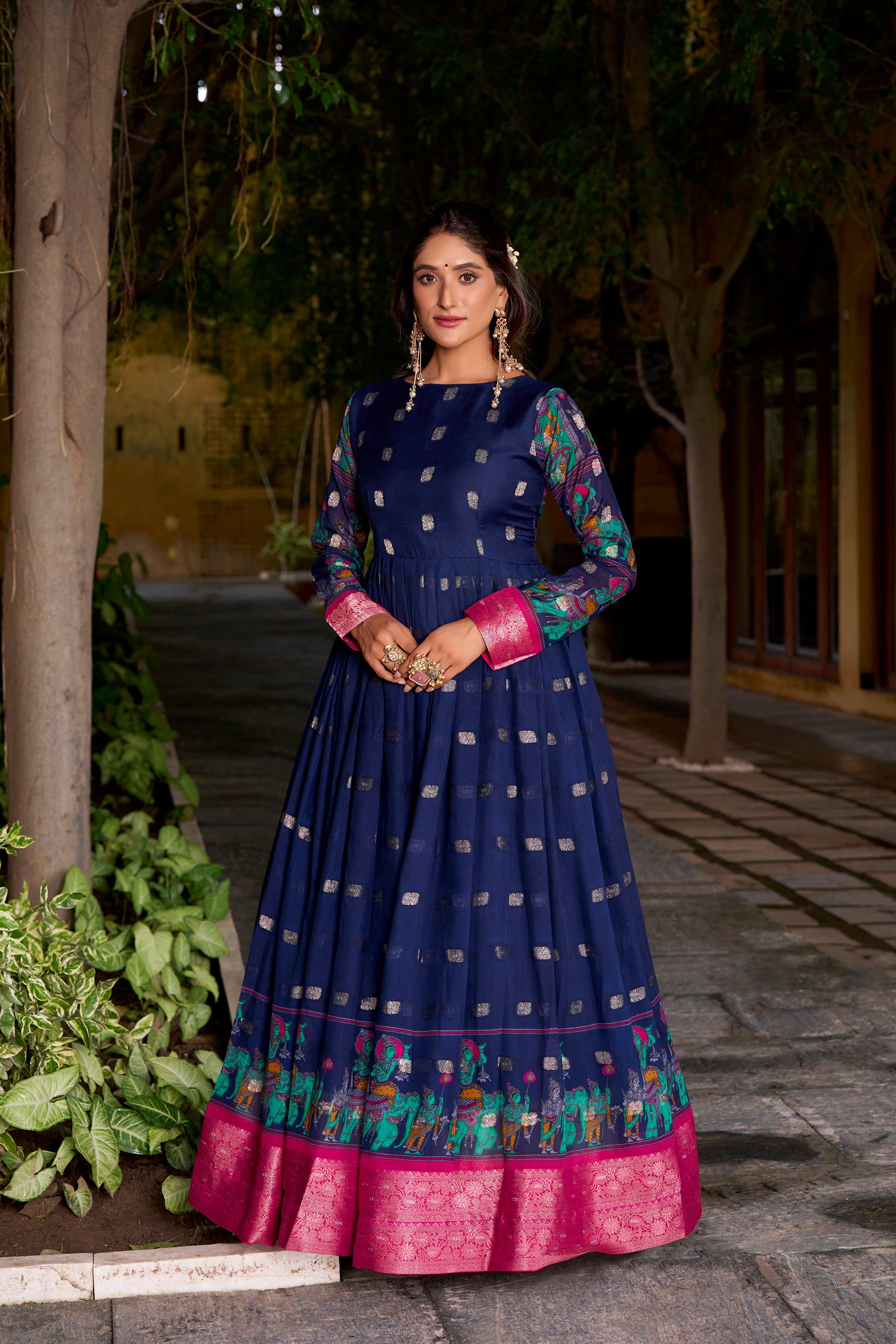Navy blue poly cotton Kalamkari print gown with zari weaving koti