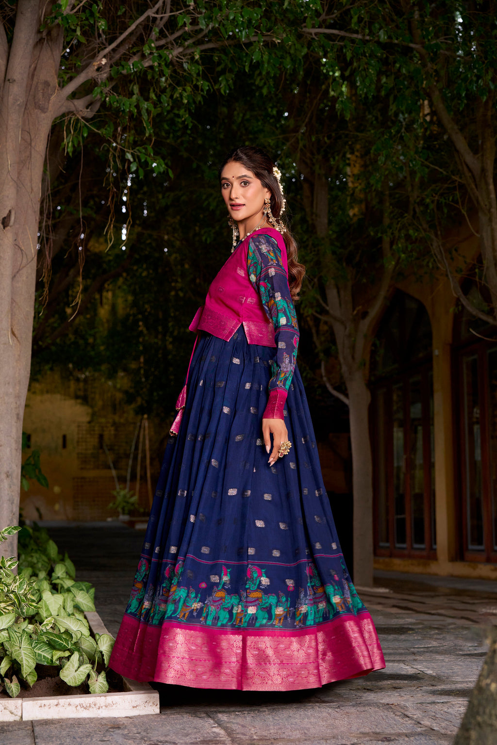 Navy blue poly cotton Kalamkari print gown with zari weaving koti