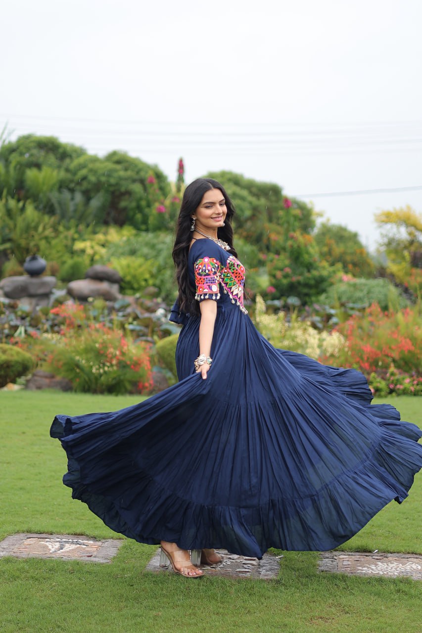 Navy blue pure rayon flair gown with kutchi gamthi embroidery for navratri