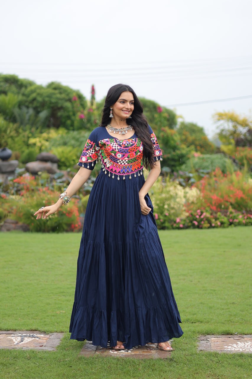 Navy blue pure rayon flair gown with kutchi gamthi embroidery for navratri