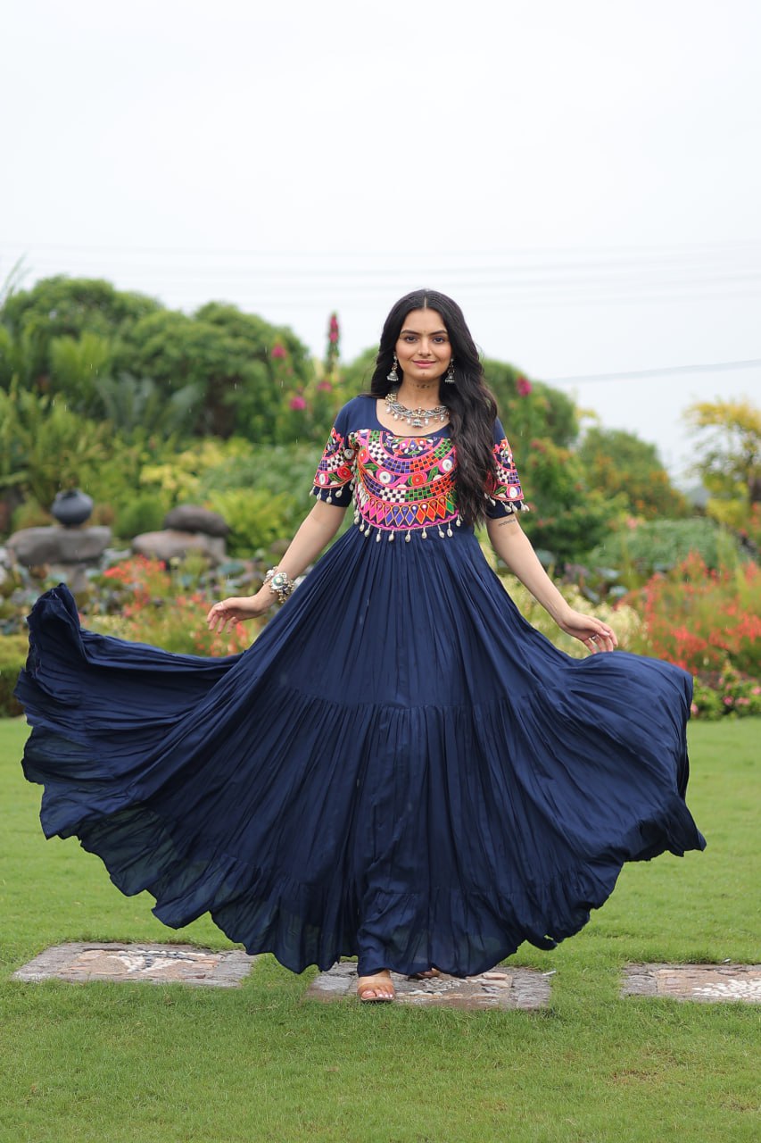 Navy blue pure rayon flair gown with kutchi gamthi embroidery for navratri