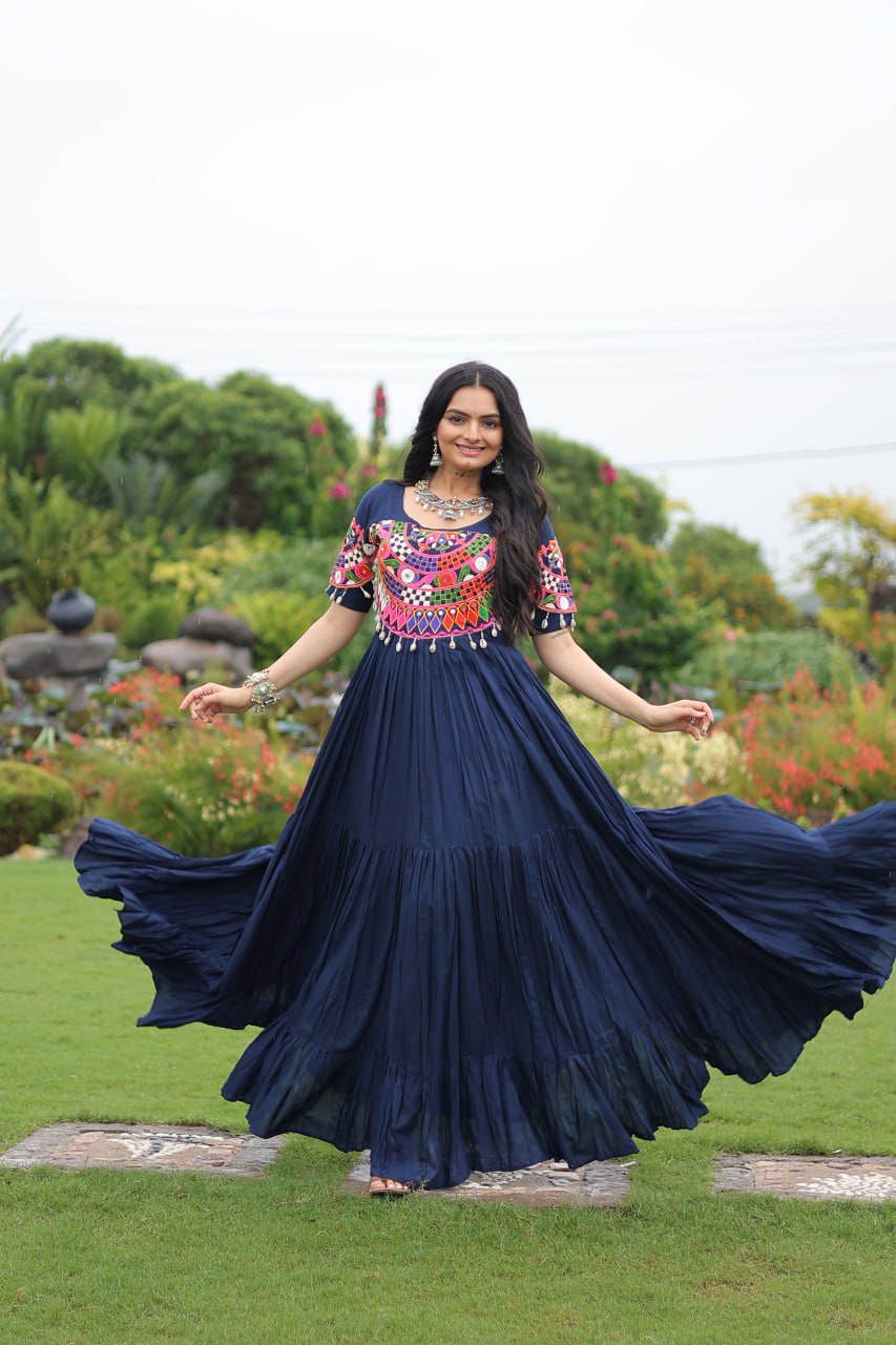 Navy blue pure rayon flair gown with kutchi gamthi embroidery for navratri