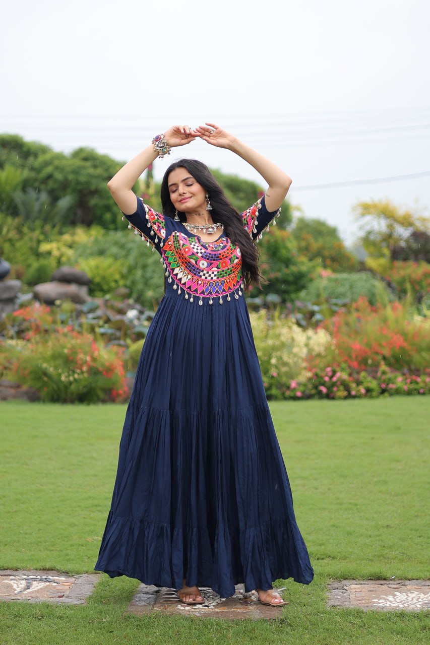 Navy blue pure rayon flair gown with kutchi gamthi embroidery for navratri
