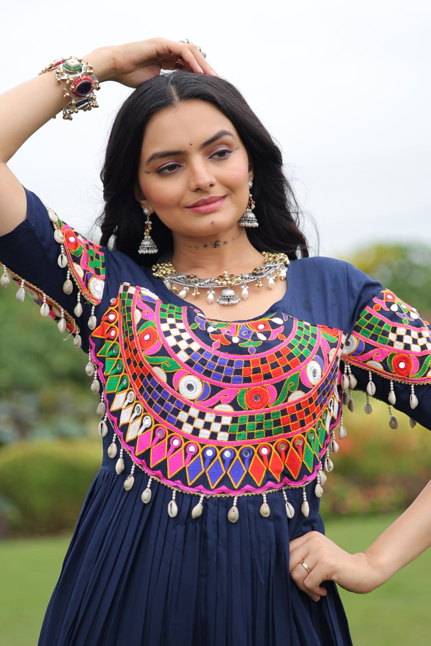 Navy blue pure rayon flair gown with kutchi gamthi embroidery for navratri