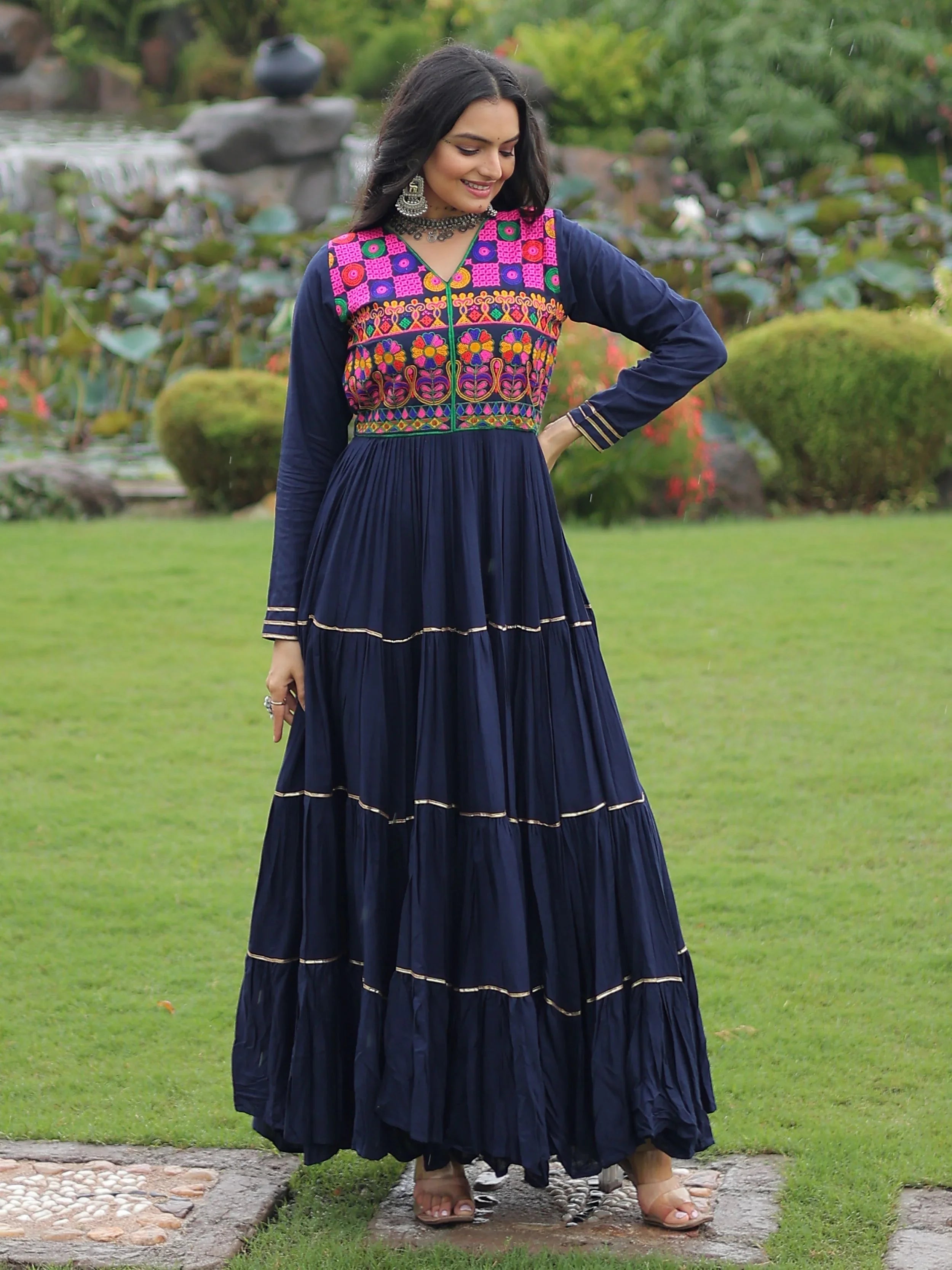 Navy blue rayon flair gown with kutchi gamthi embroidery and mirror work
