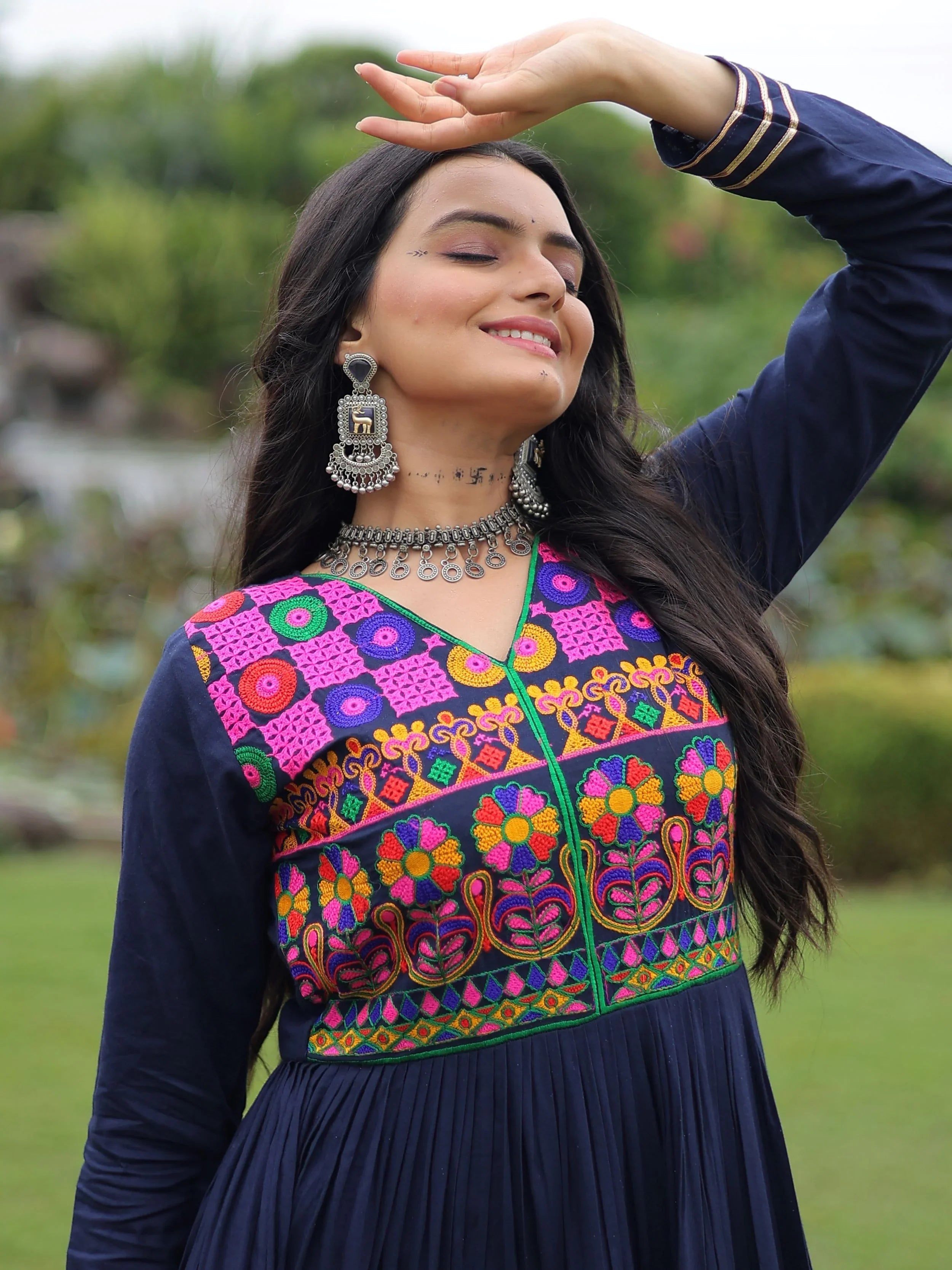 Navy blue rayon flair gown with kutchi gamthi embroidery and mirror work