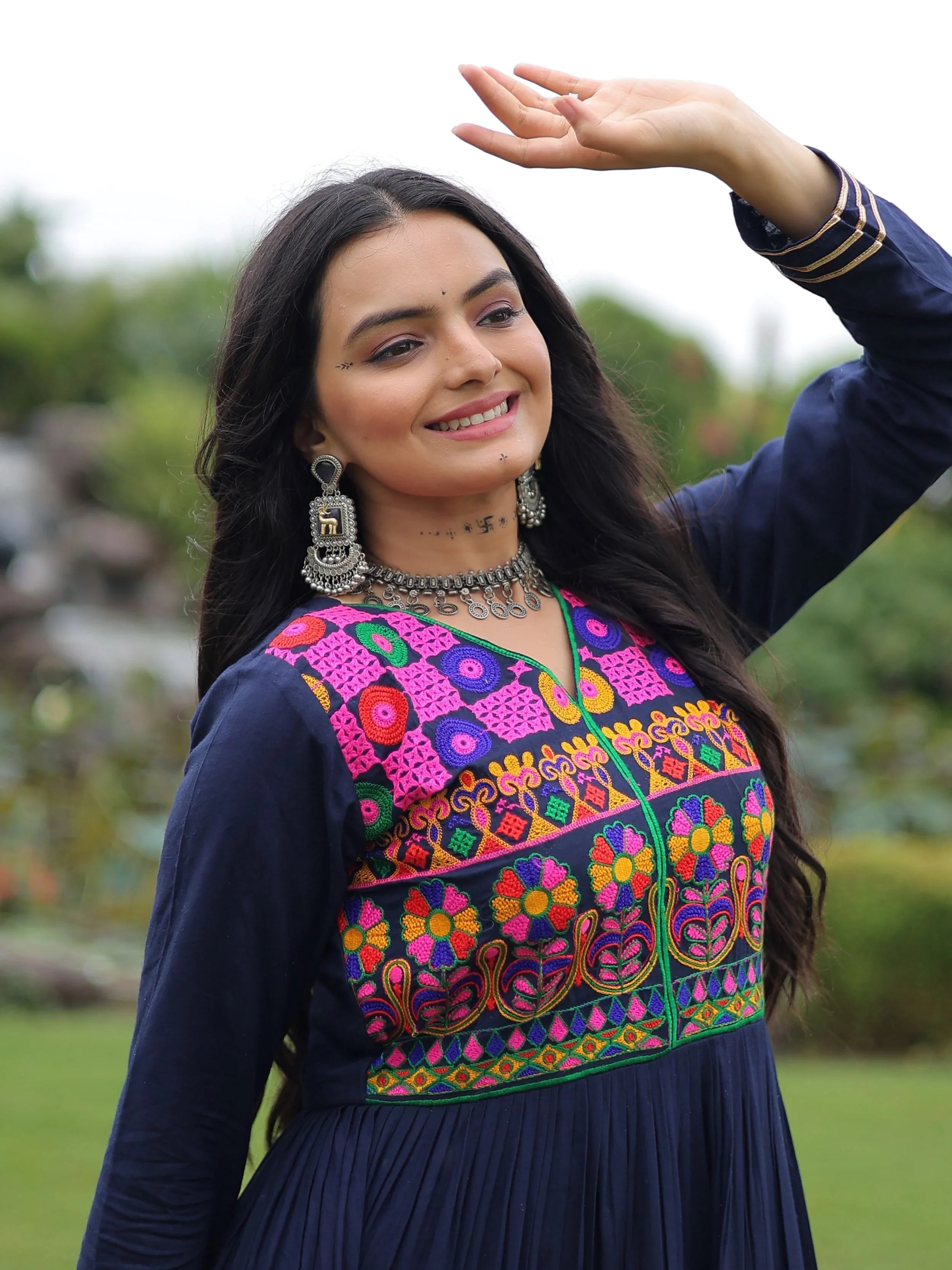 Navy blue rayon flair gown with kutchi gamthi embroidery and mirror work