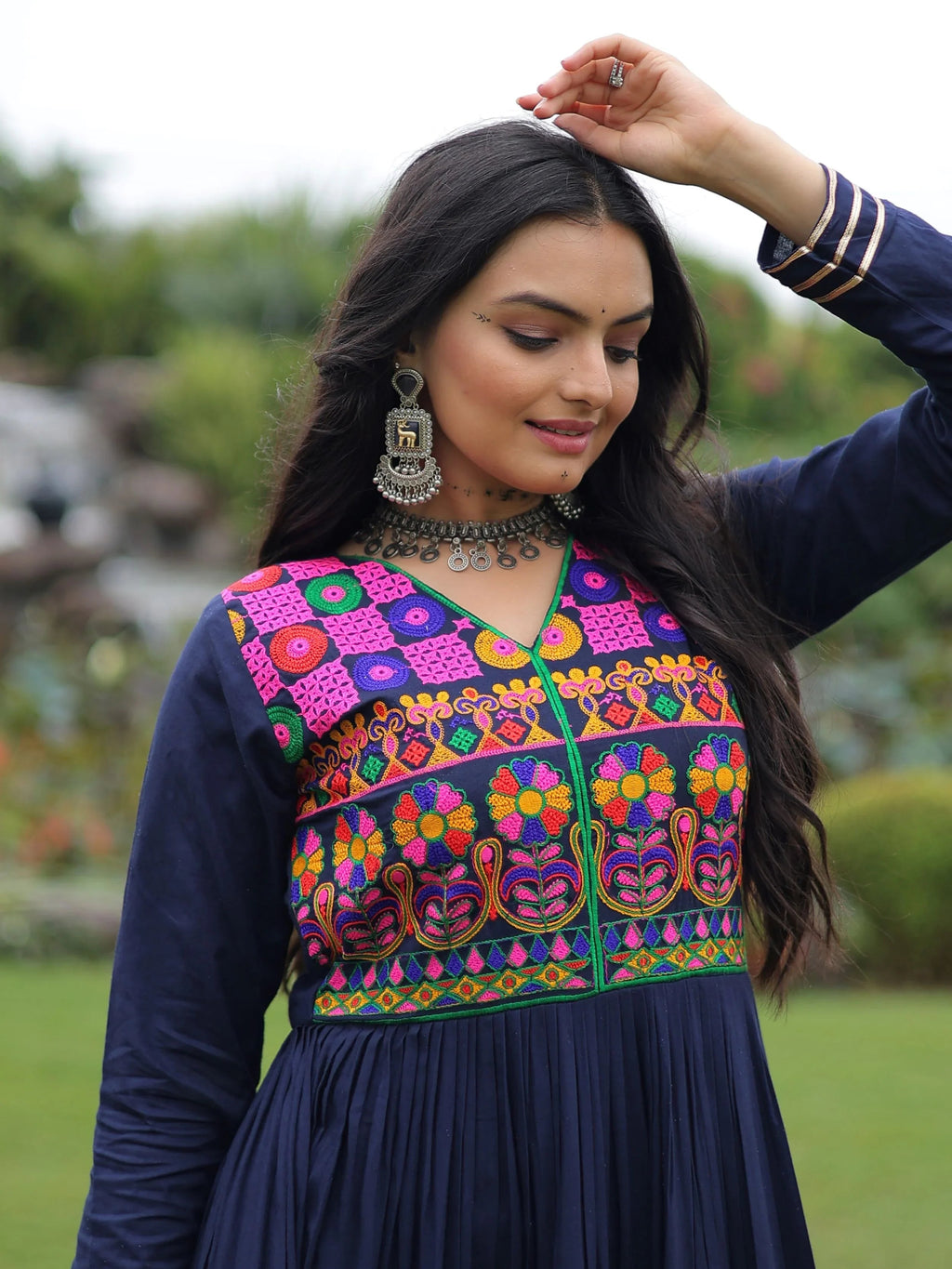 Navy blue rayon flair gown with kutchi gamthi embroidery and mirror work