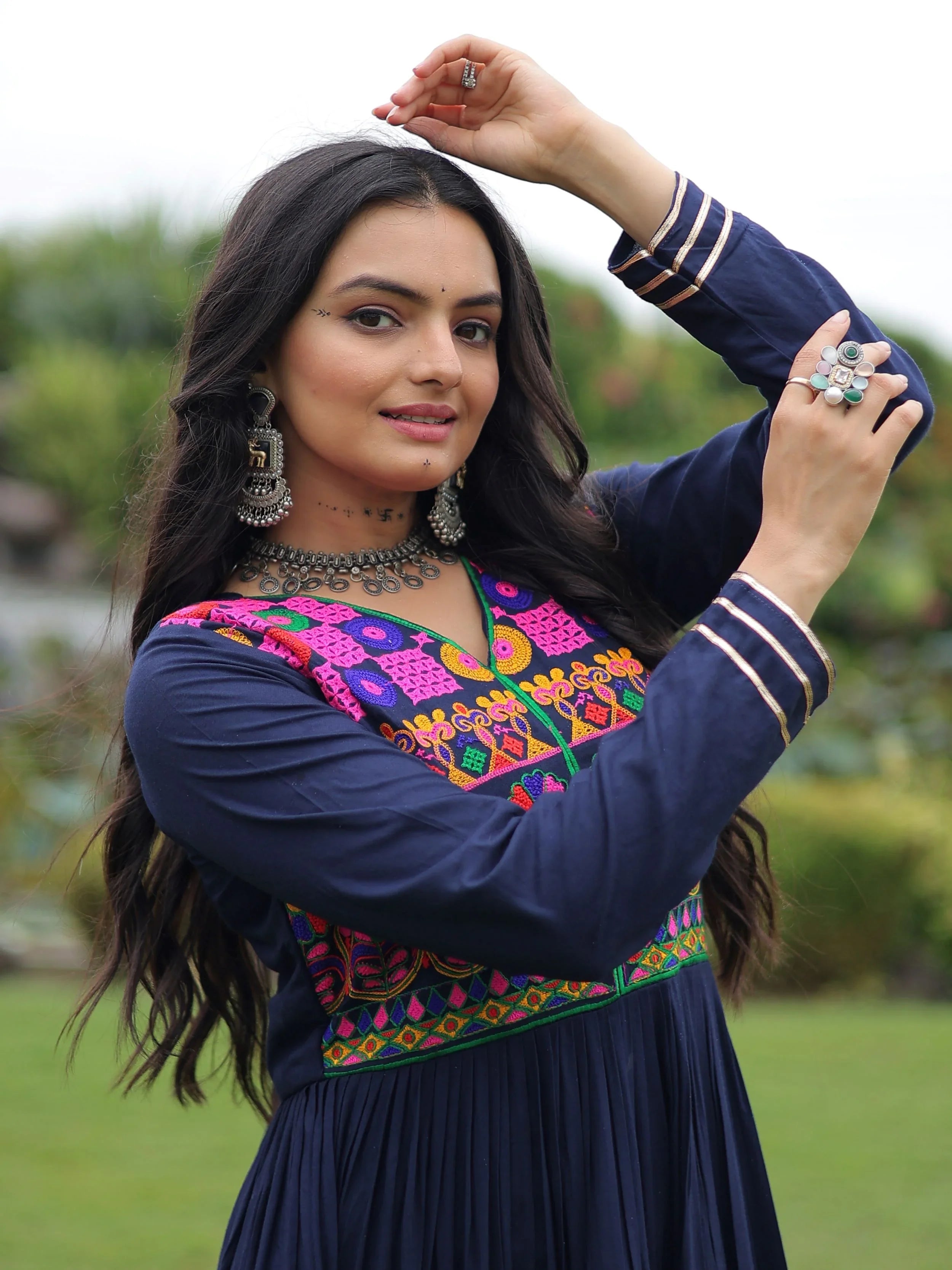 Navy blue rayon flair gown with kutchi gamthi embroidery and mirror work