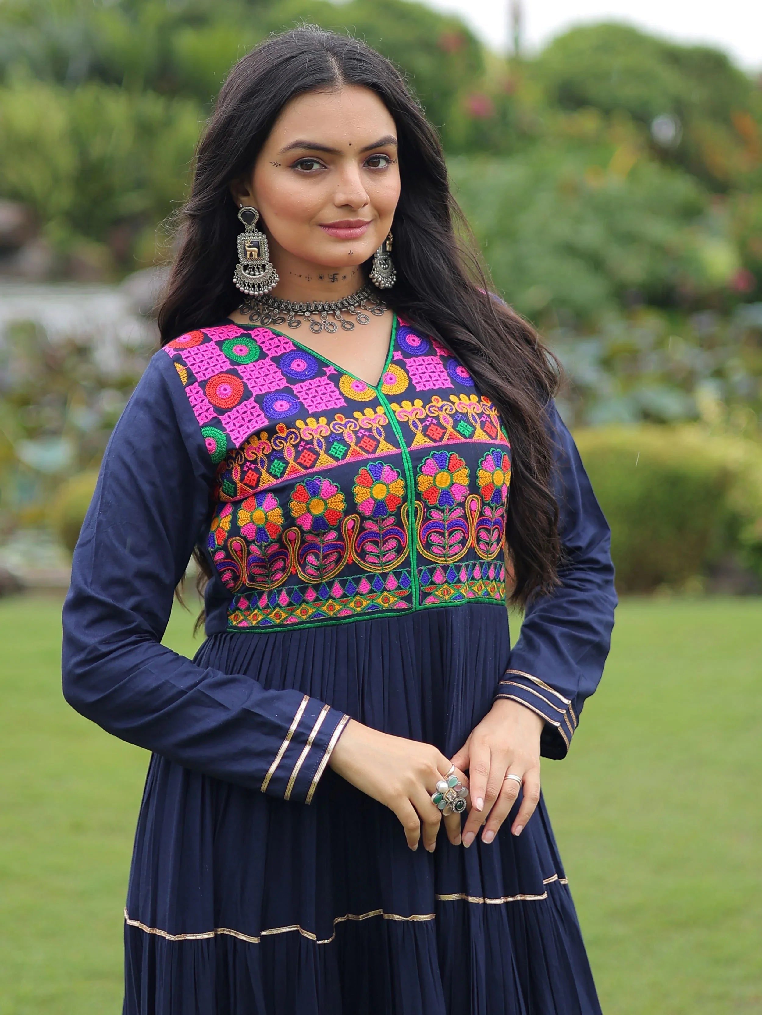 Navy blue rayon flair gown with kutchi gamthi embroidery and mirror work