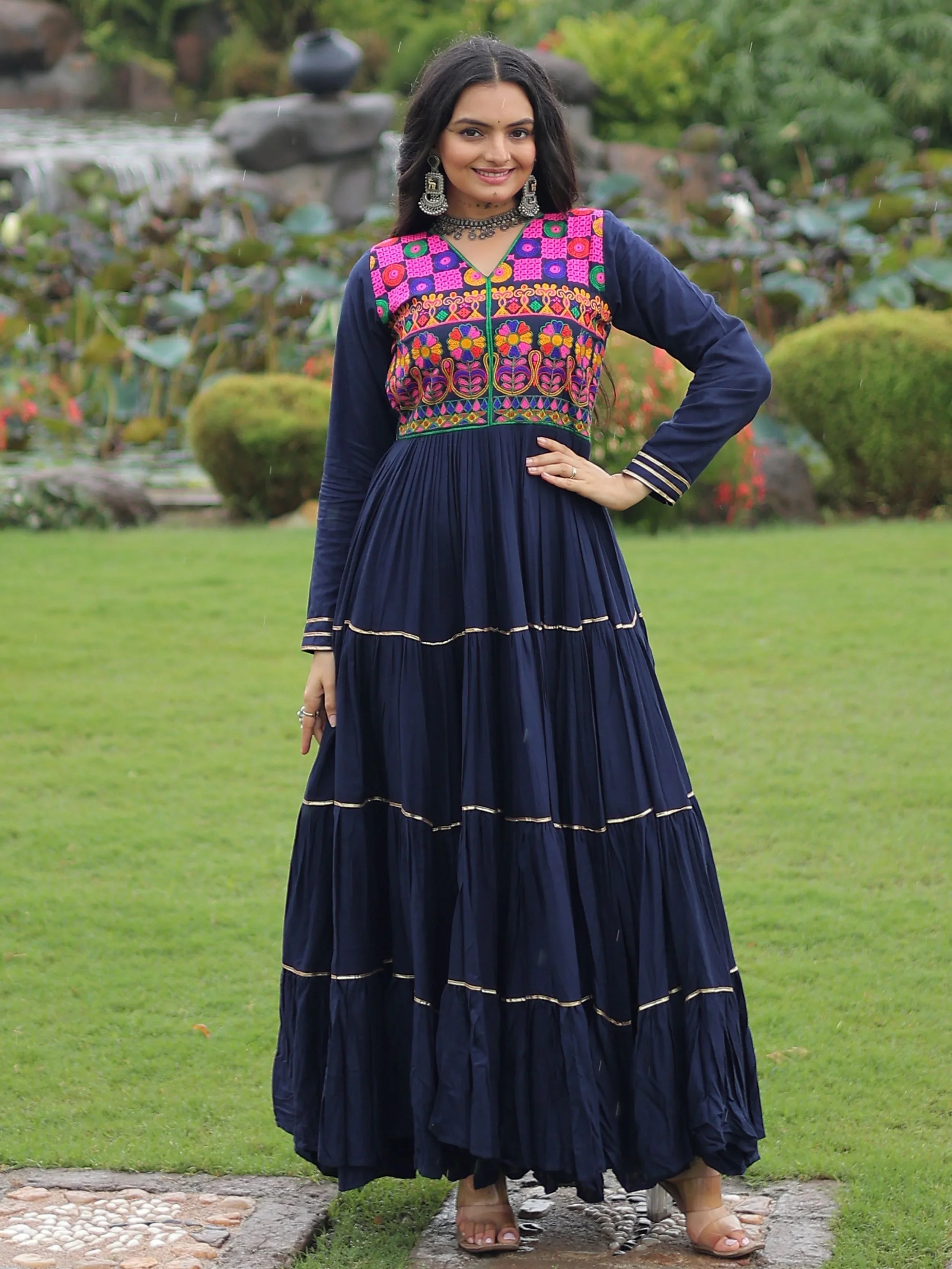 Navy blue rayon flair gown with kutchi gamthi embroidery and mirror work