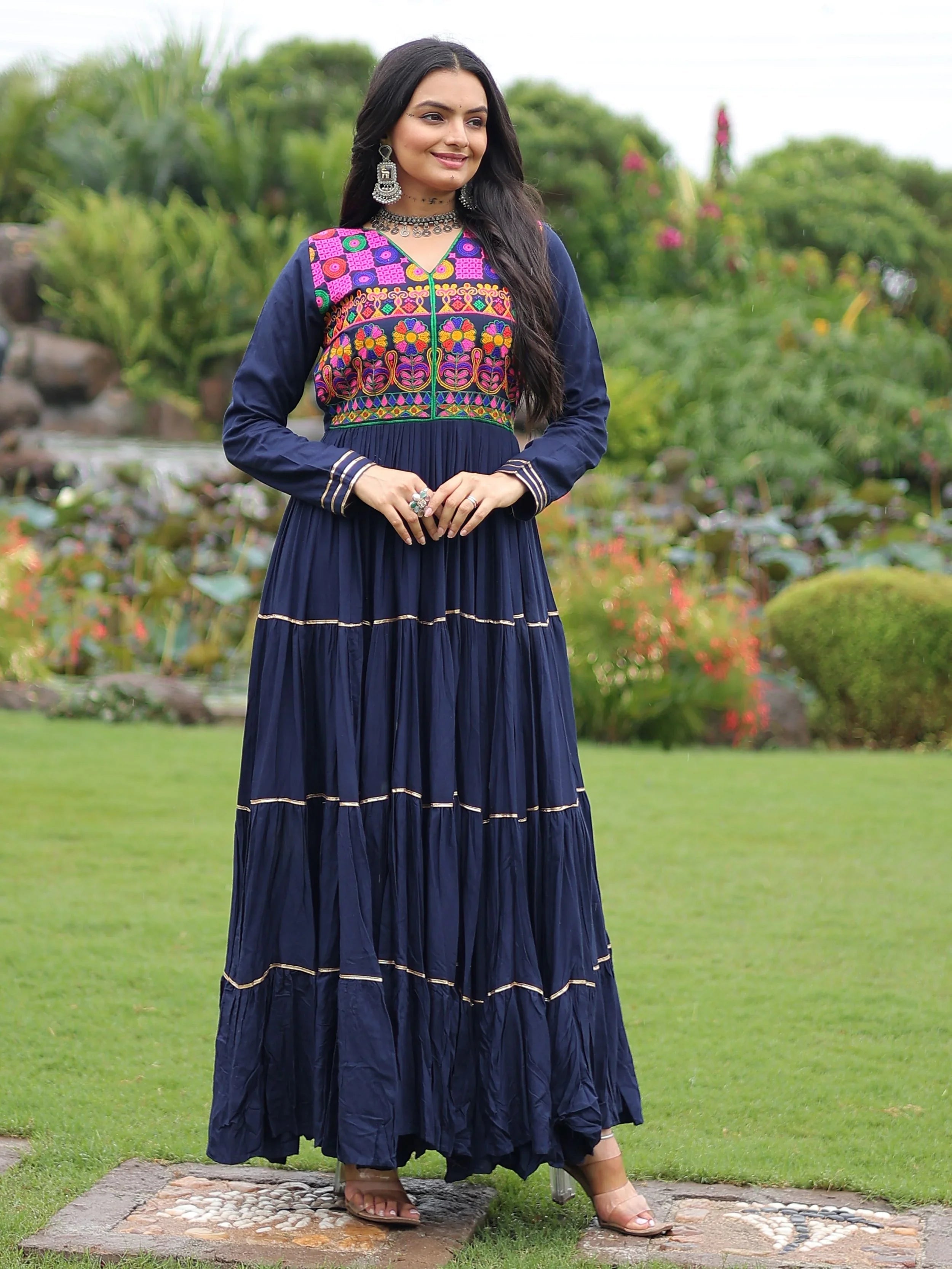 Navy blue rayon flair gown with kutchi gamthi embroidery and mirror work