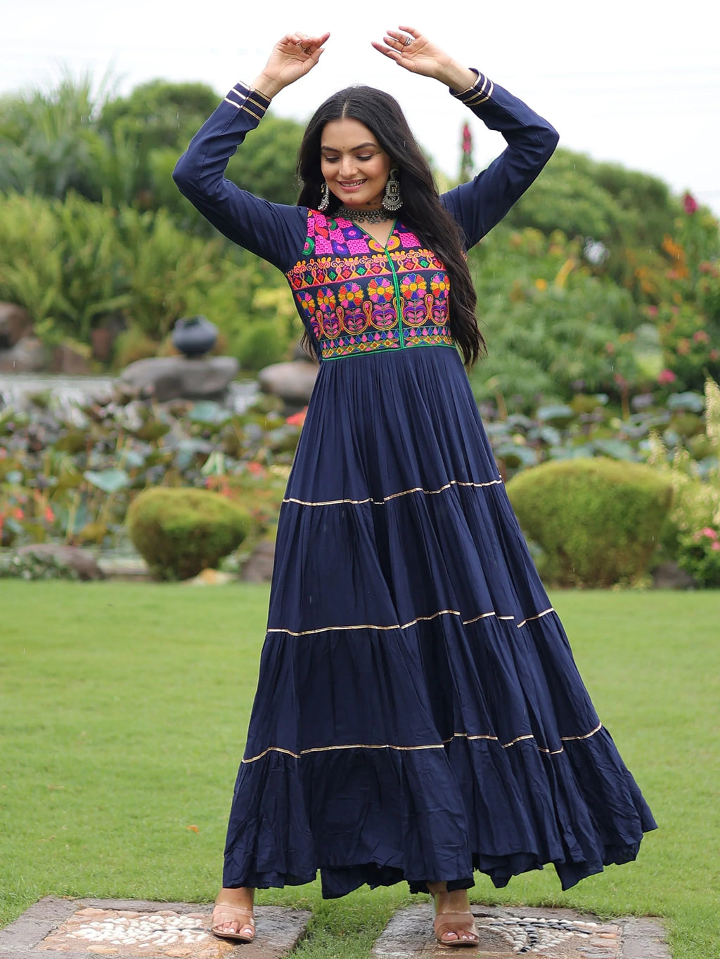 Navy blue rayon flair gown with kutchi gamthi embroidery and mirror work