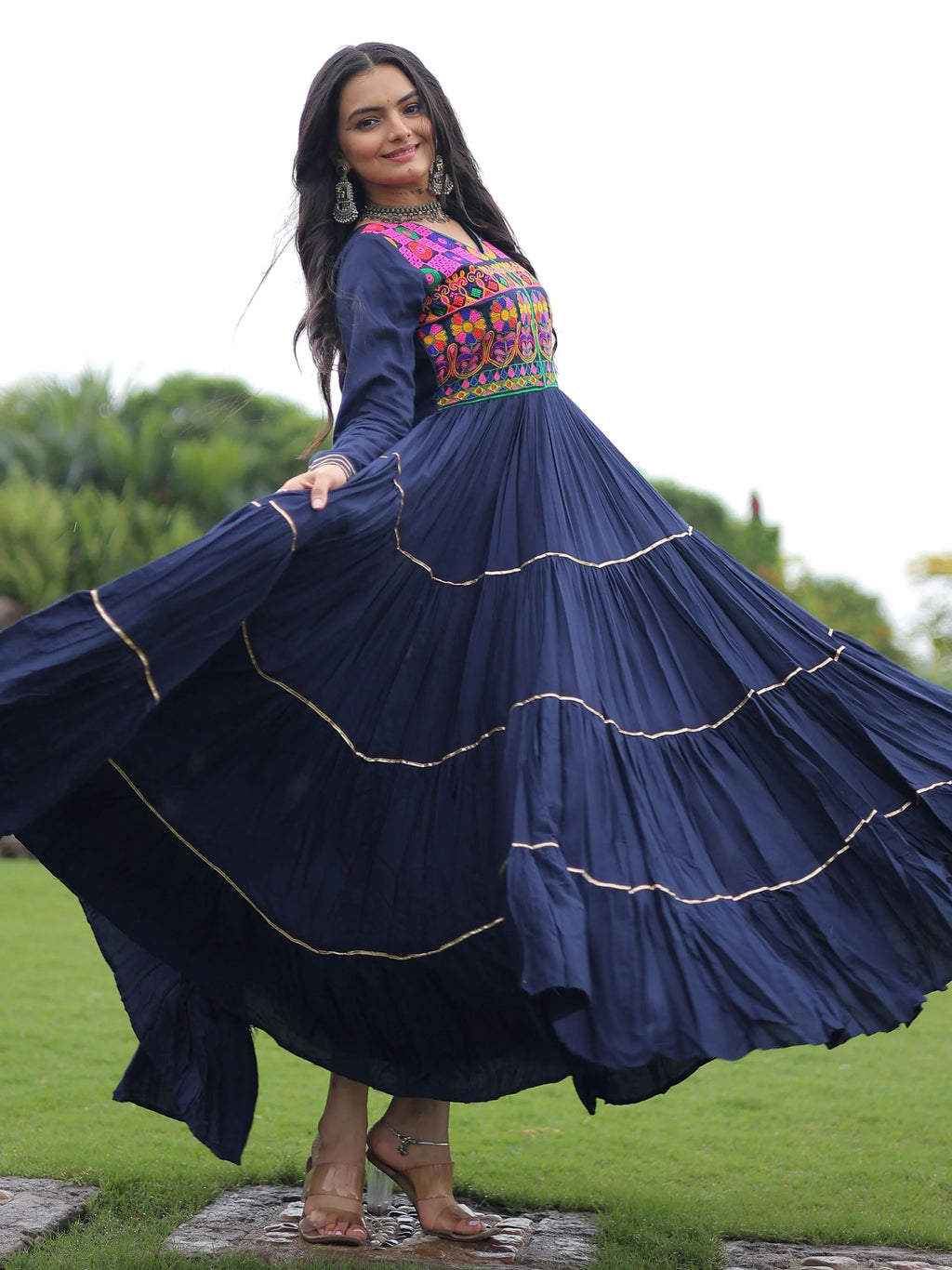 Navy blue rayon flair gown with kutchi gamthi embroidery and mirror work