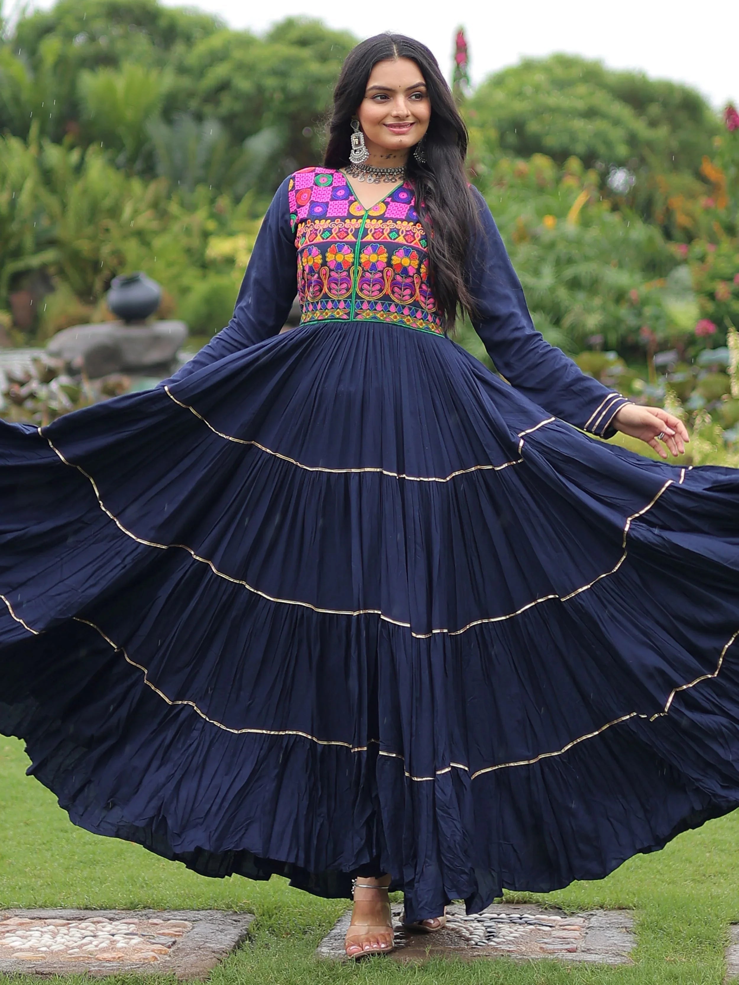 Navy blue rayon flair gown with kutchi gamthi embroidery and mirror work