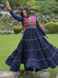 Navy blue rayon flair gown with kutchi gamthi embroidery and mirror work
