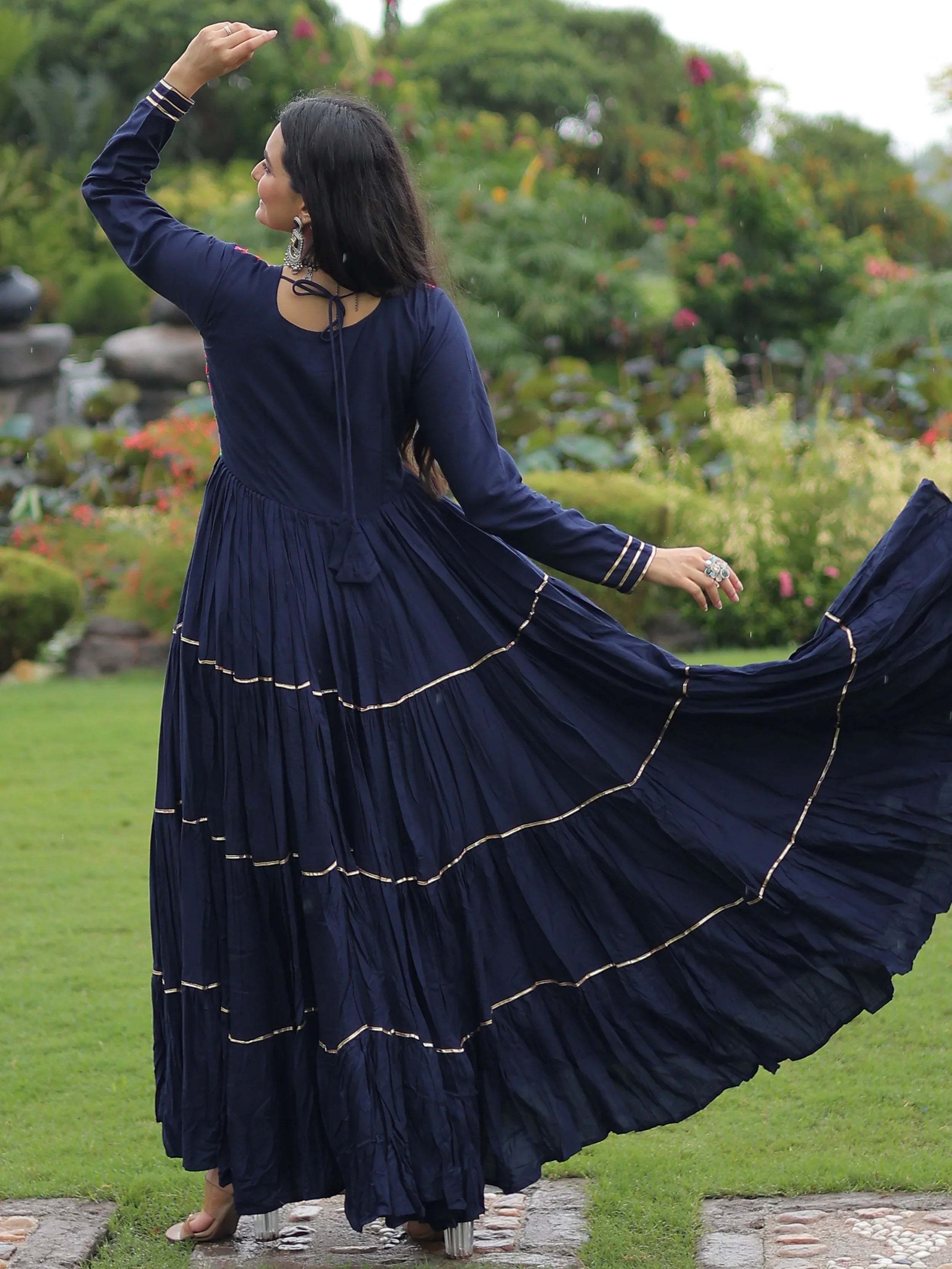 Navy blue rayon flair gown with kutchi gamthi embroidery and mirror work