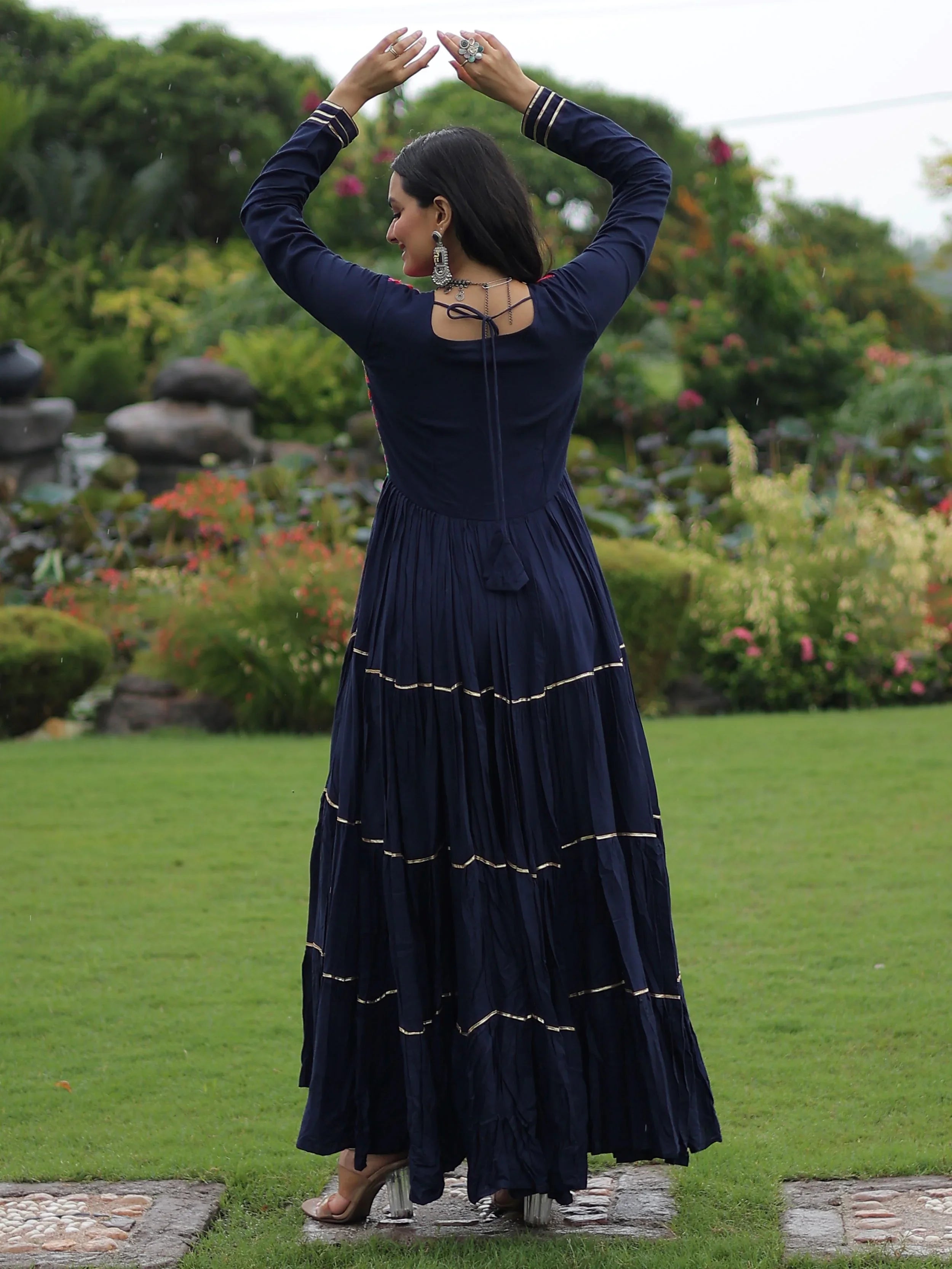 Navy blue rayon flair gown with kutchi gamthi embroidery and mirror work
