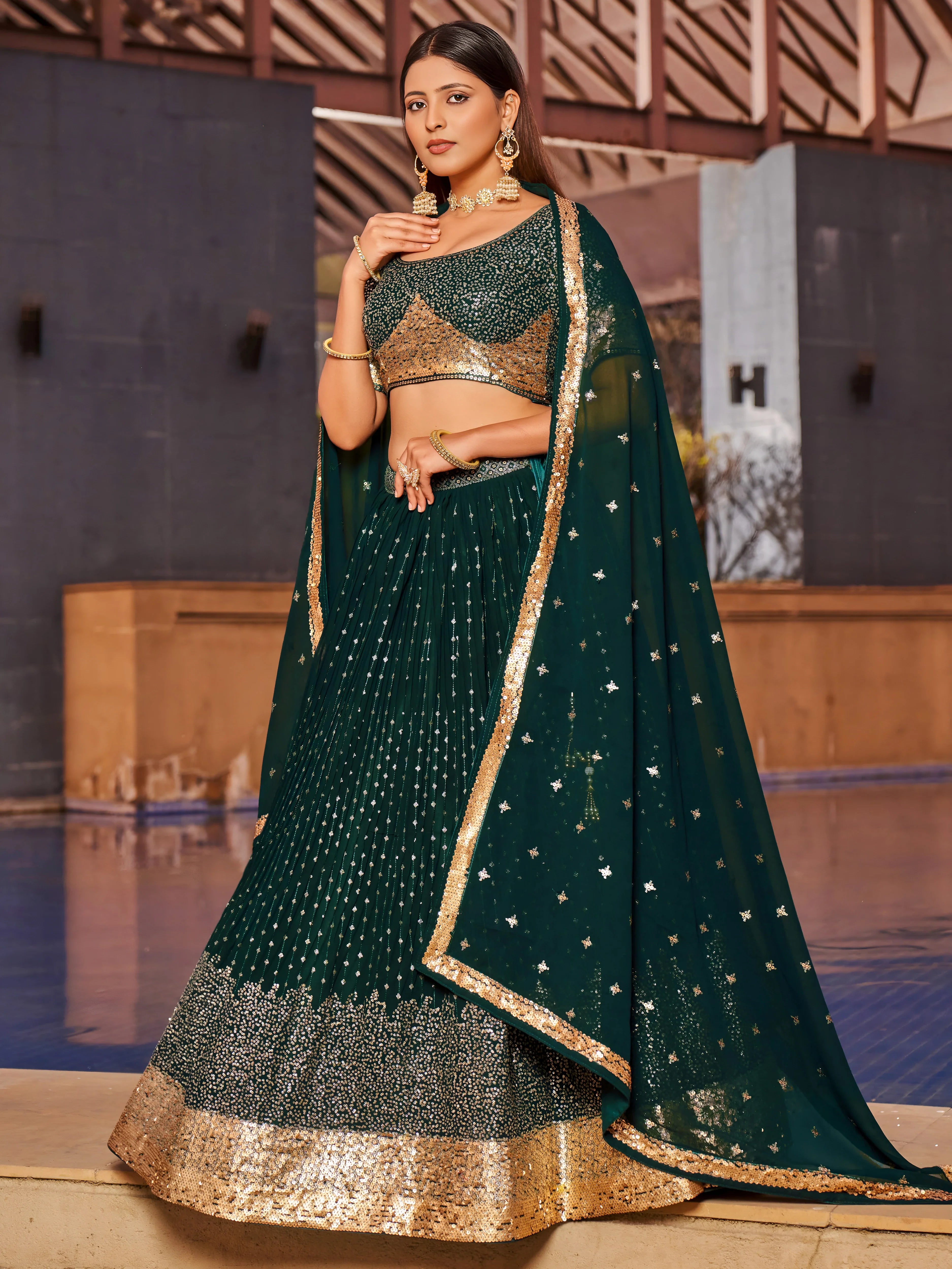 Navya emerald green georgette embroidered lehenga choli with dupatta