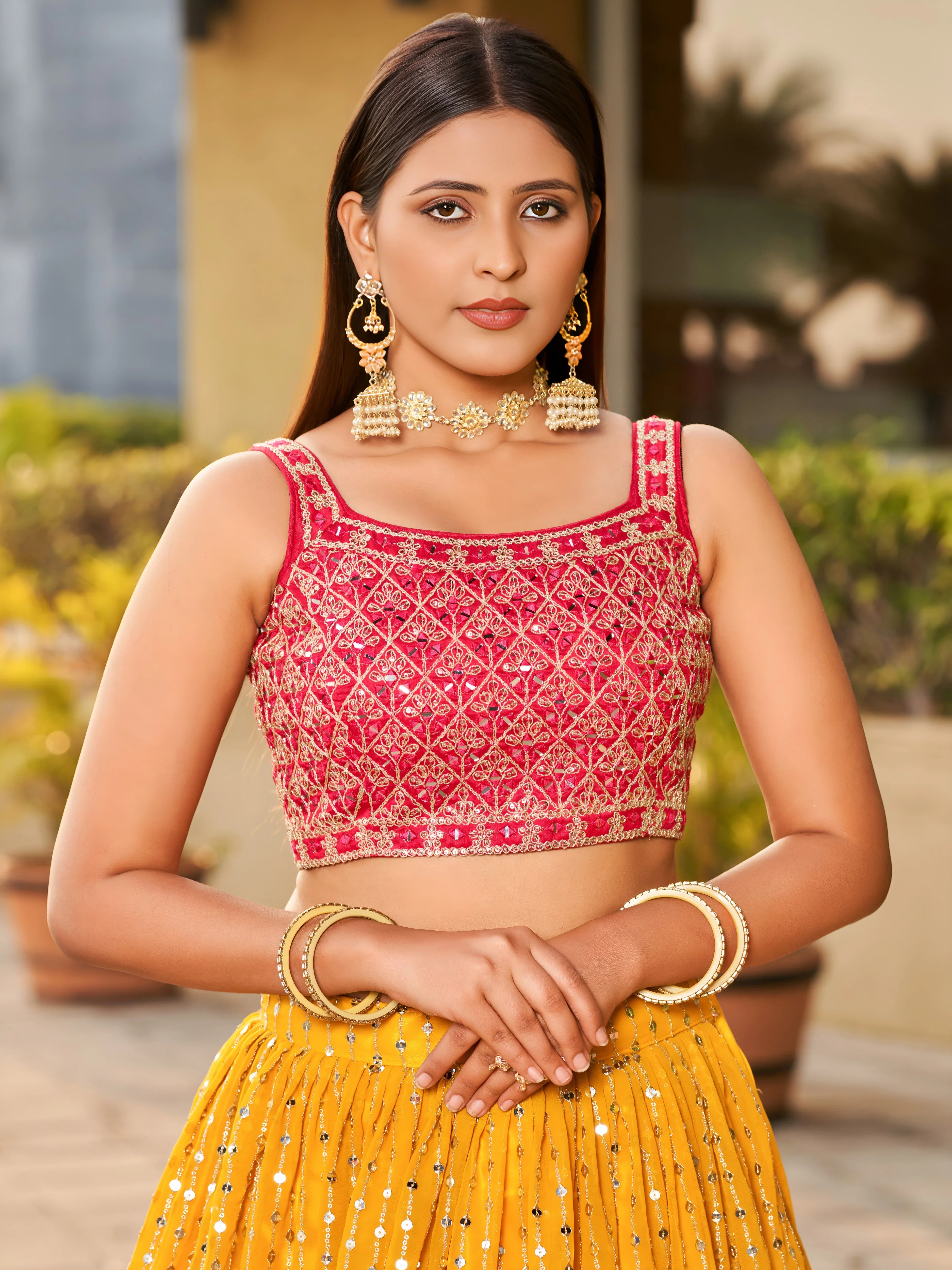 Navya mustard yellow embroidered lehenga choli with Bandhani dupatta