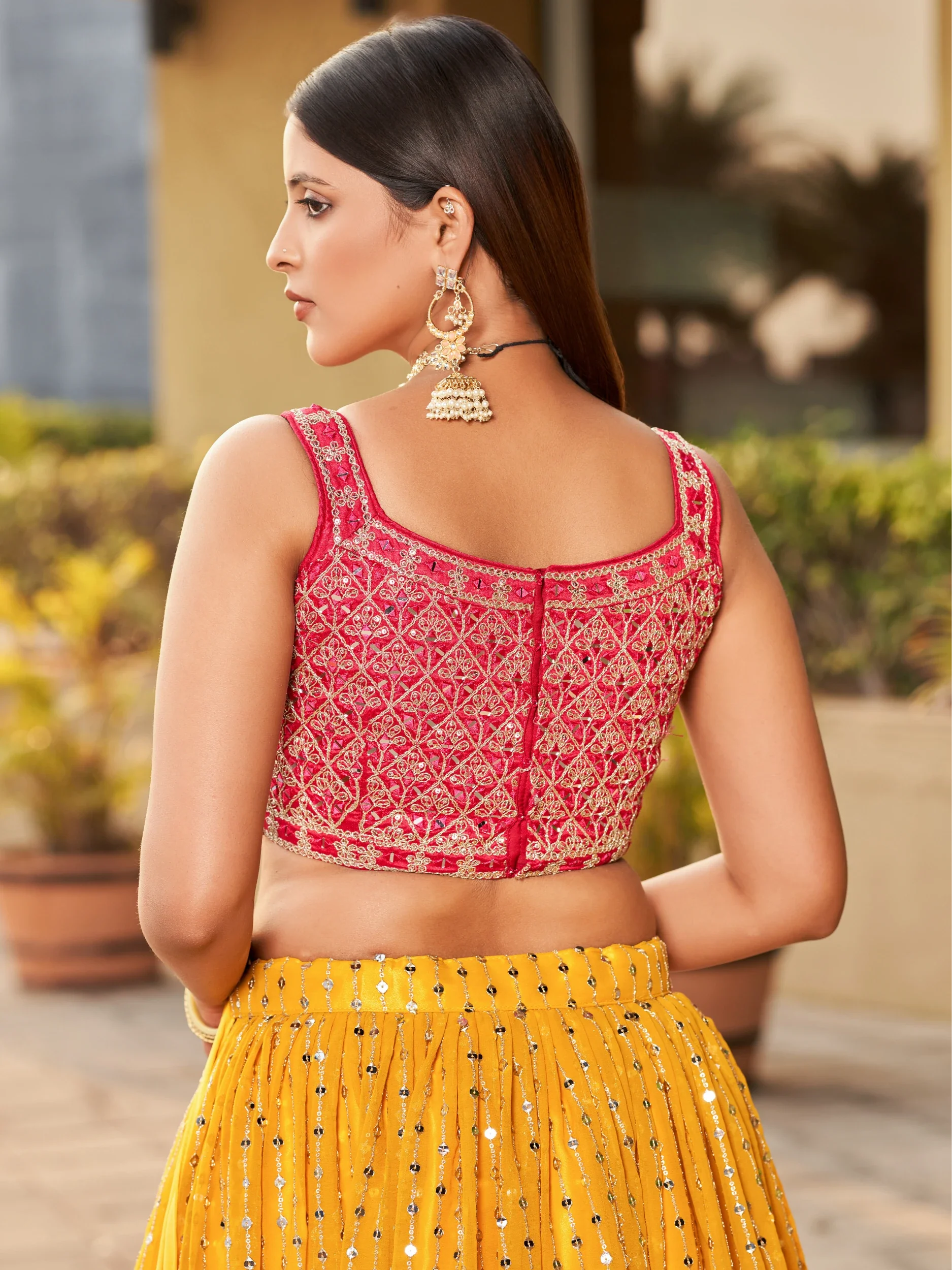 Navya mustard yellow embroidered lehenga choli with Bandhani dupatta