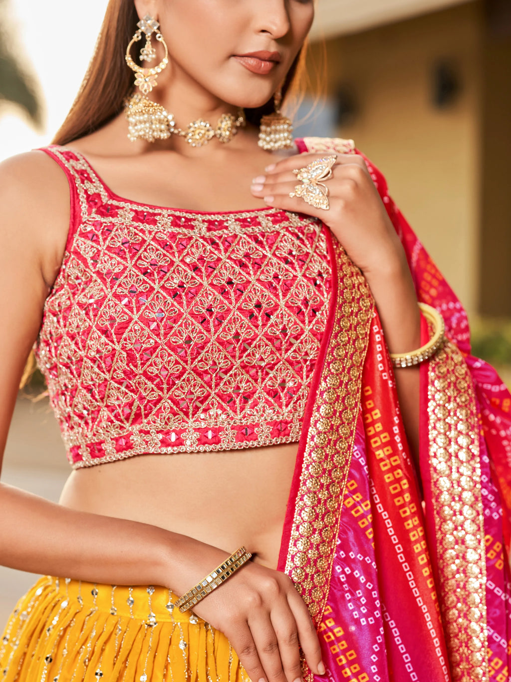 Navya mustard yellow embroidered lehenga choli with Bandhani dupatta