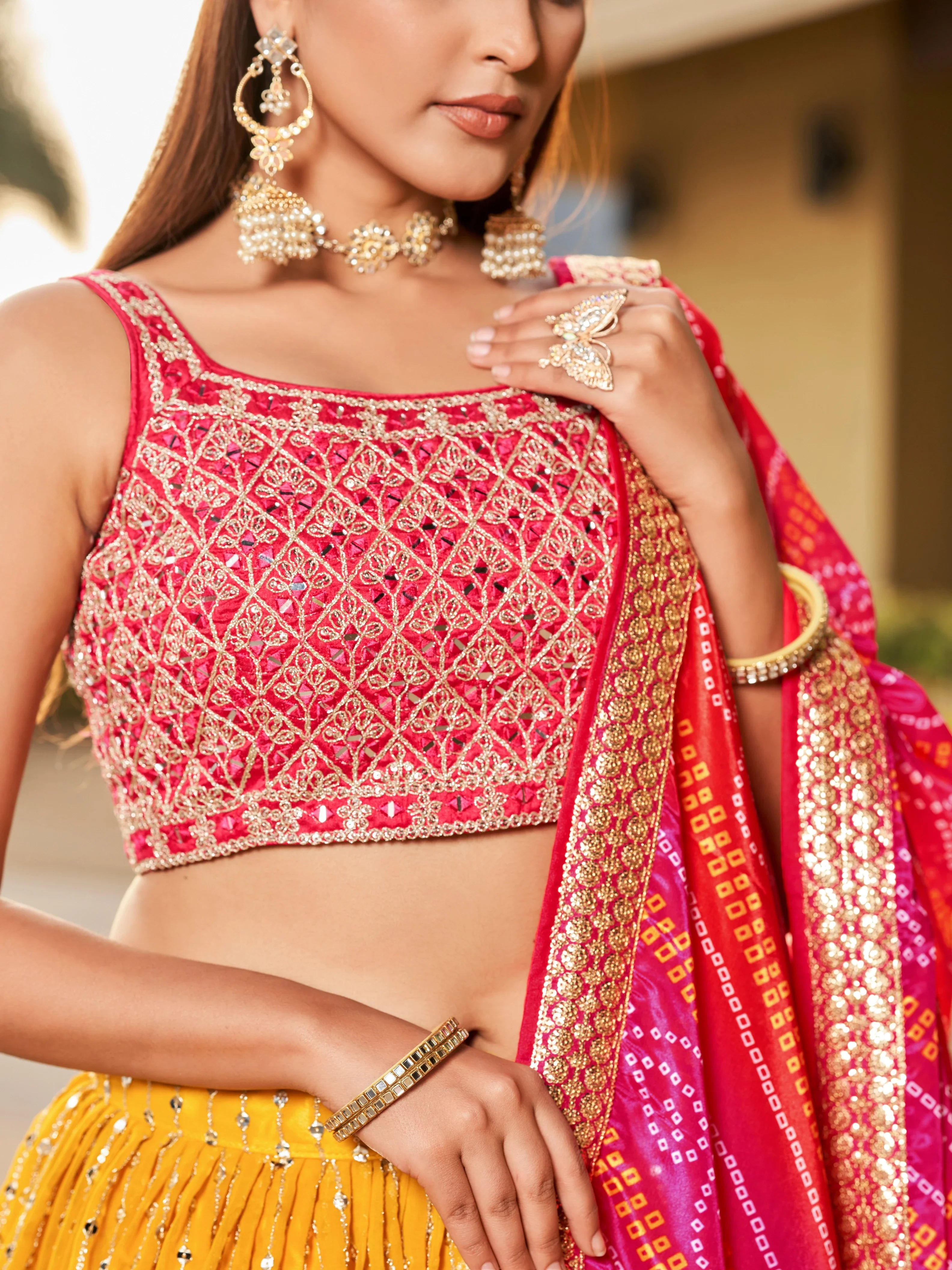 Navya mustard yellow embroidered lehenga choli with Bandhani dupatta