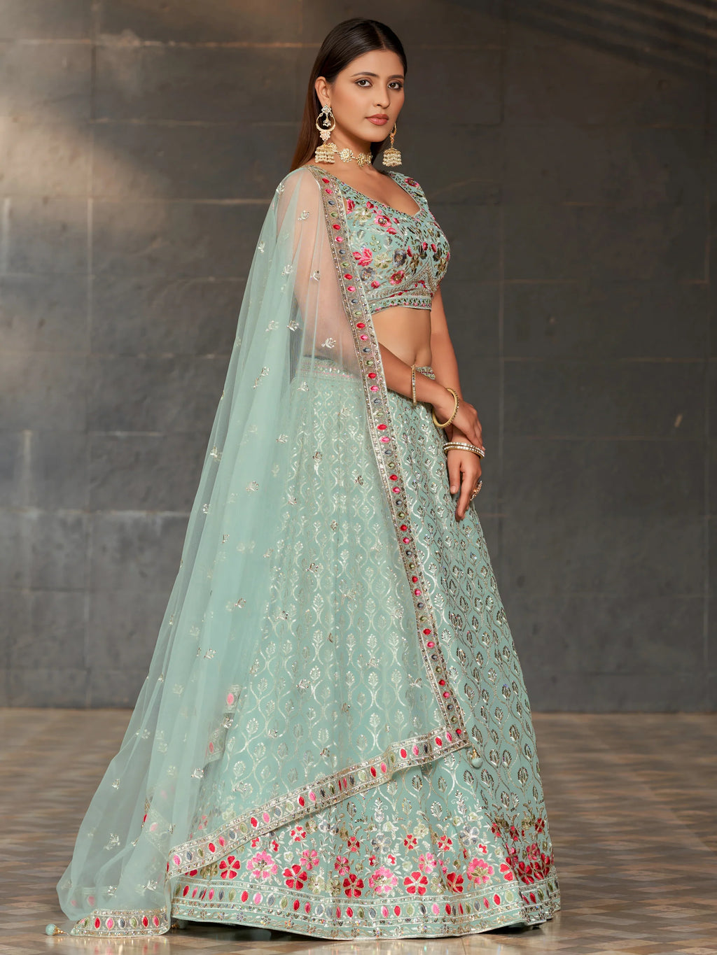 Navya sky blue floral embroidered lehenga choli with dupatta