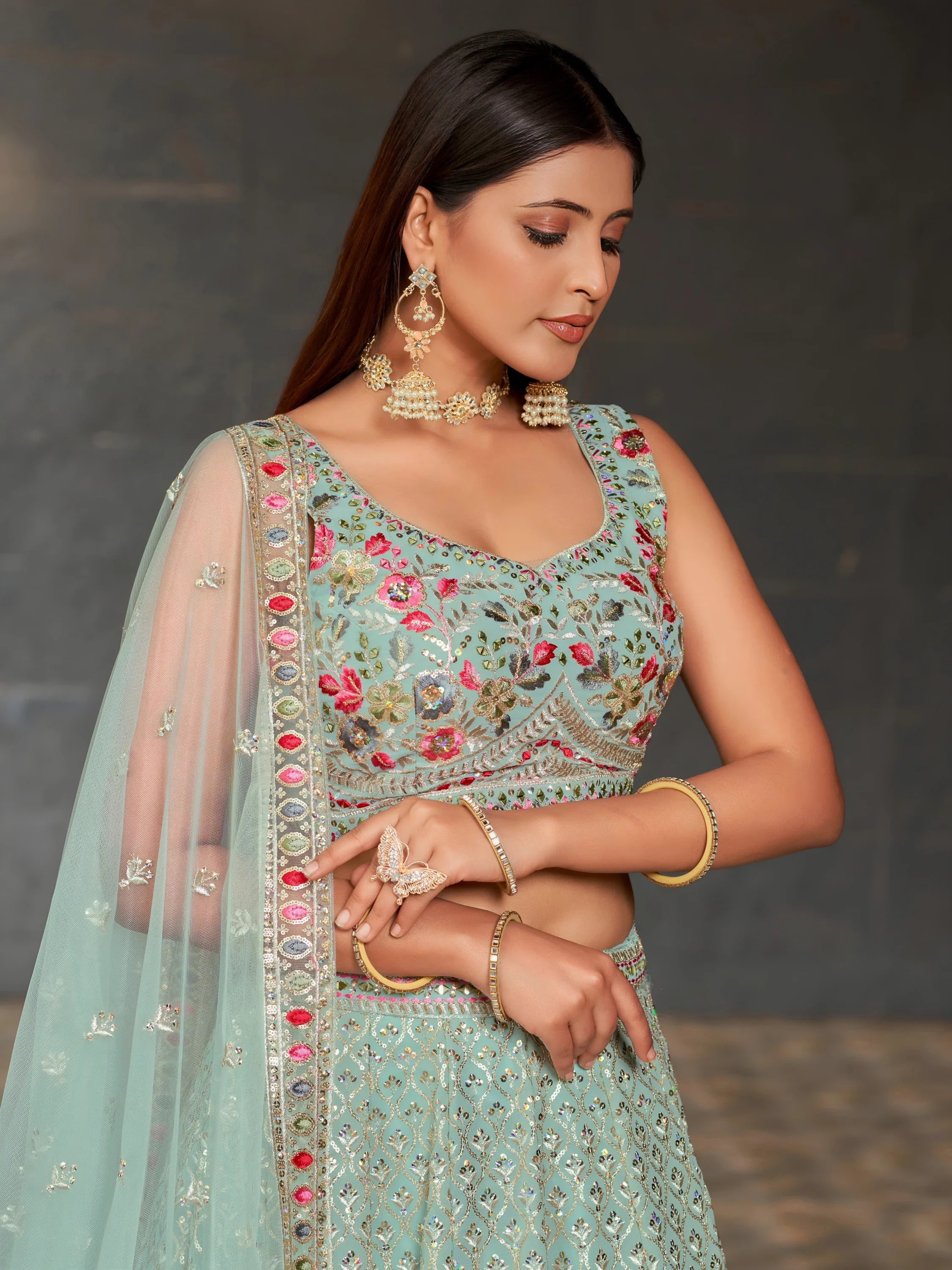 Navya sky blue floral embroidered lehenga choli with dupatta