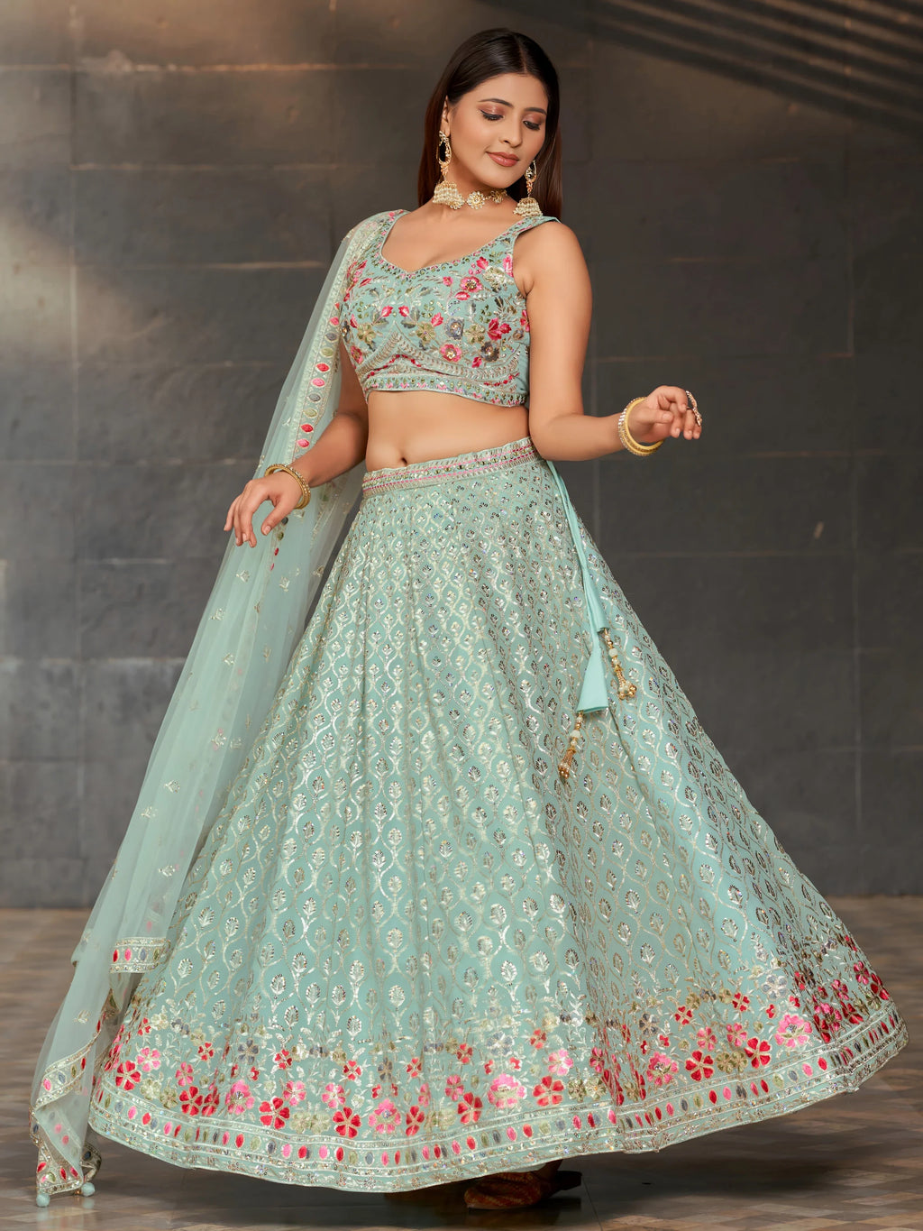 Navya sky blue floral embroidered lehenga choli with dupatta
