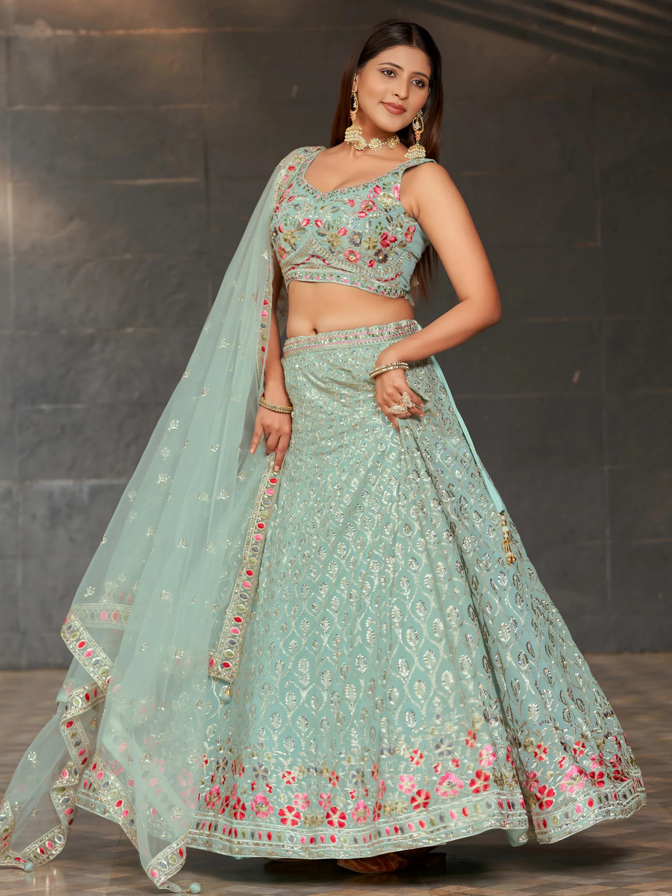 Navya sky blue floral embroidered lehenga choli with dupatta