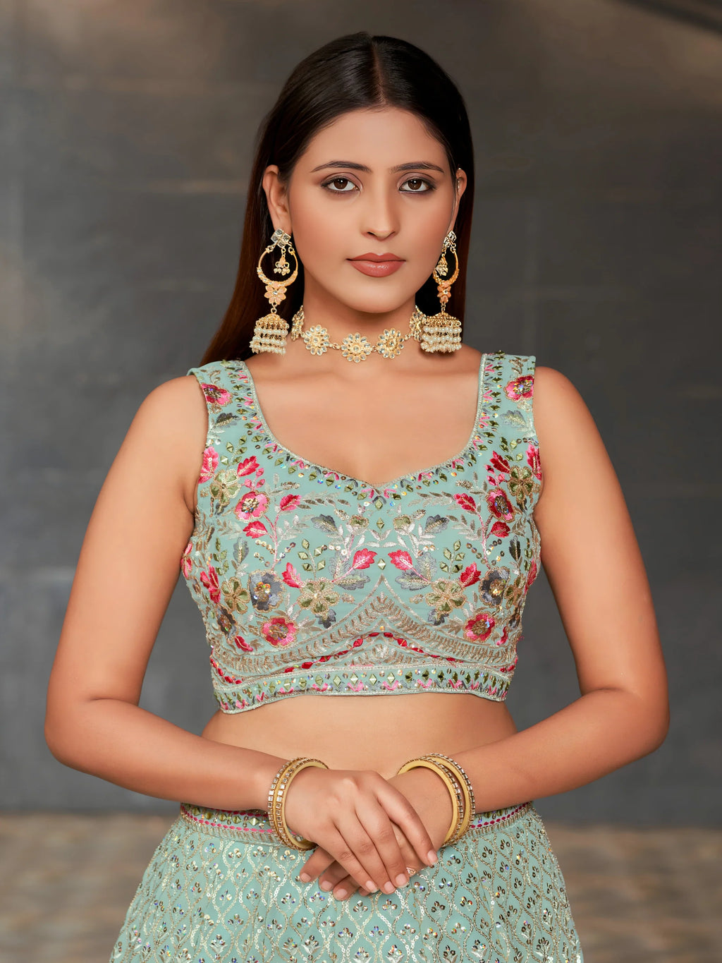 Navya sky blue floral embroidered lehenga choli with dupatta