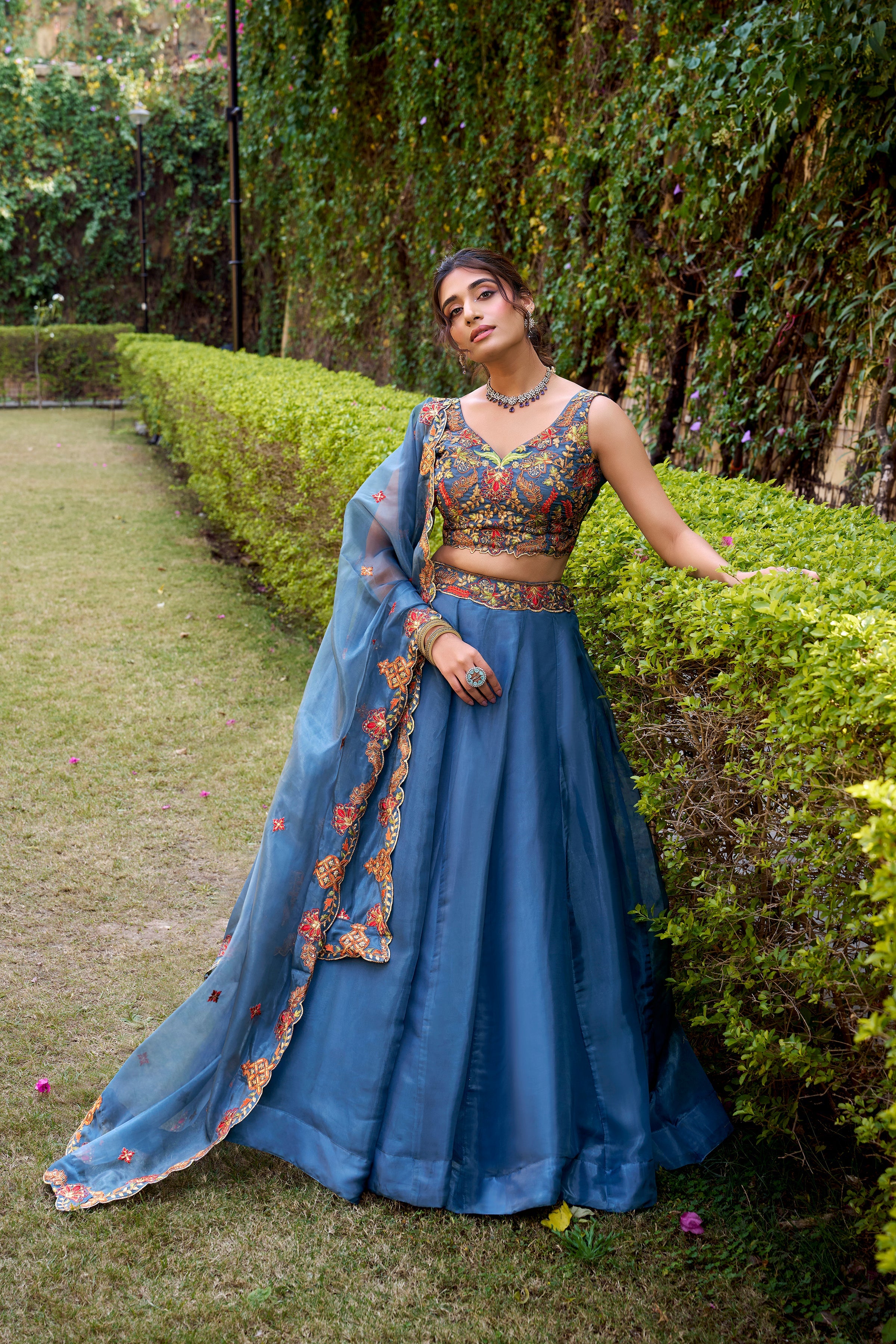 Nayana teal Chanda silk lehenga choli with sequins thread embroidery work
