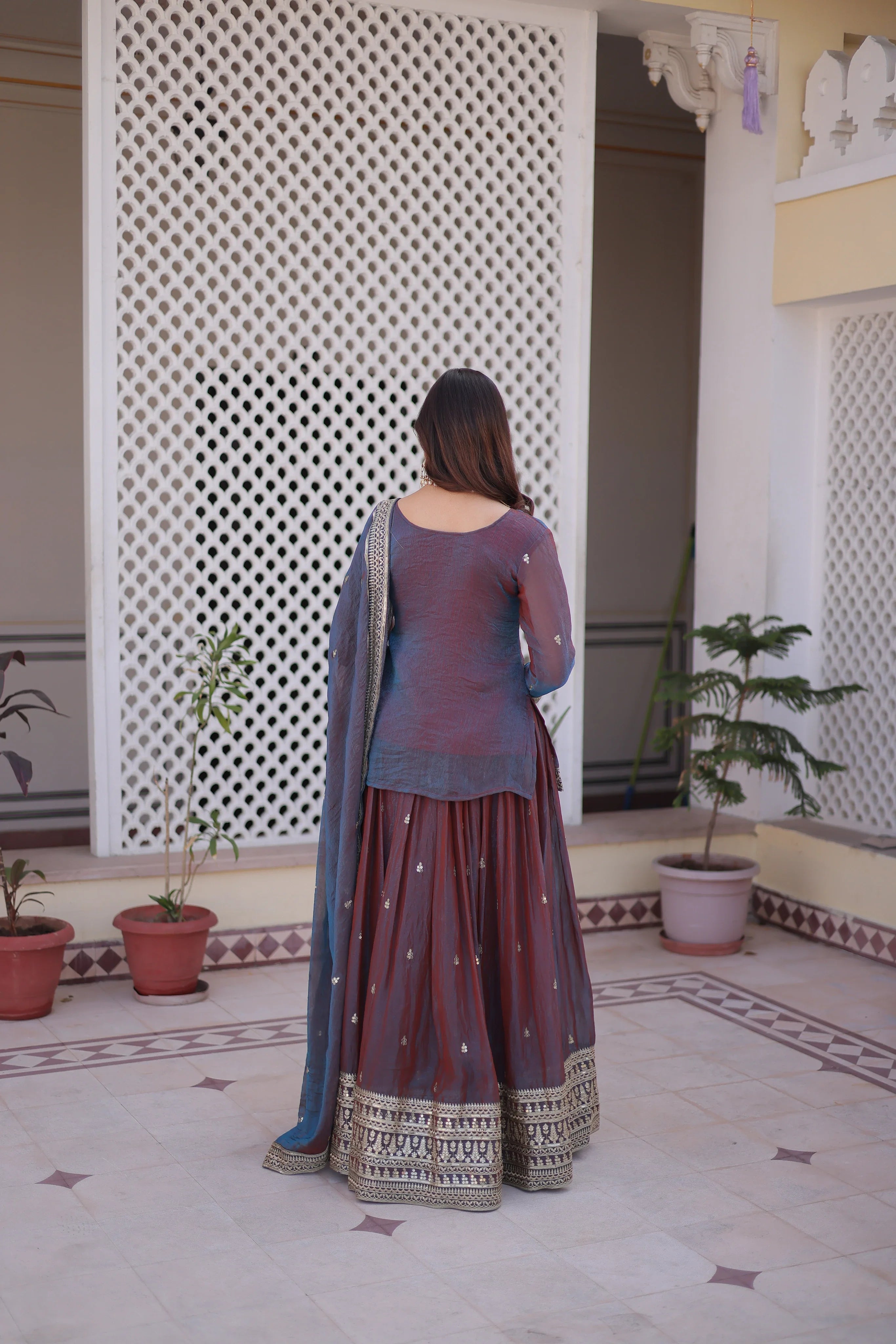 Nevria purple mauve Fendi chiffon lehenga choli with sequins embroidery