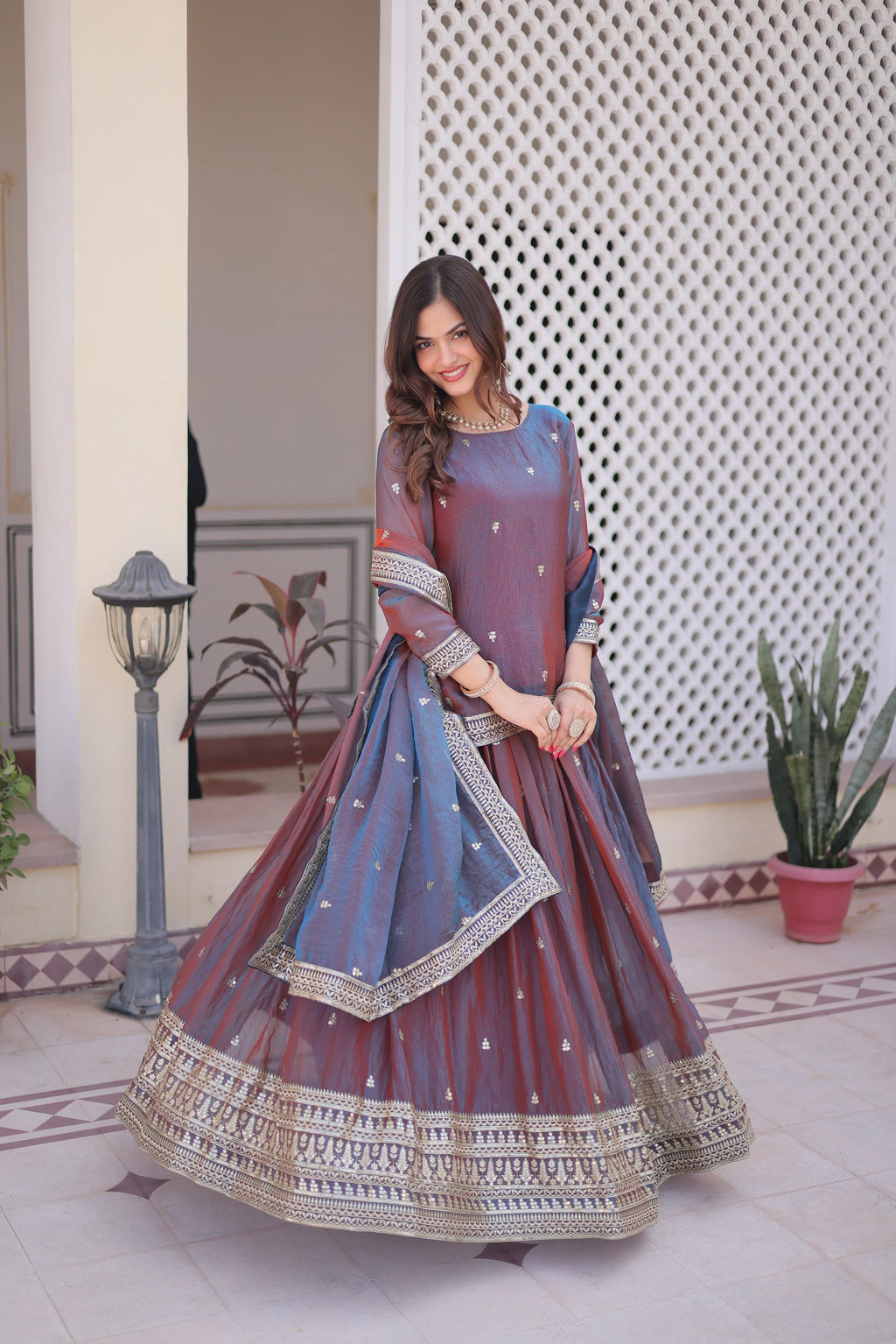 Nevria purple mauve Fendi chiffon lehenga choli with sequins embroidery