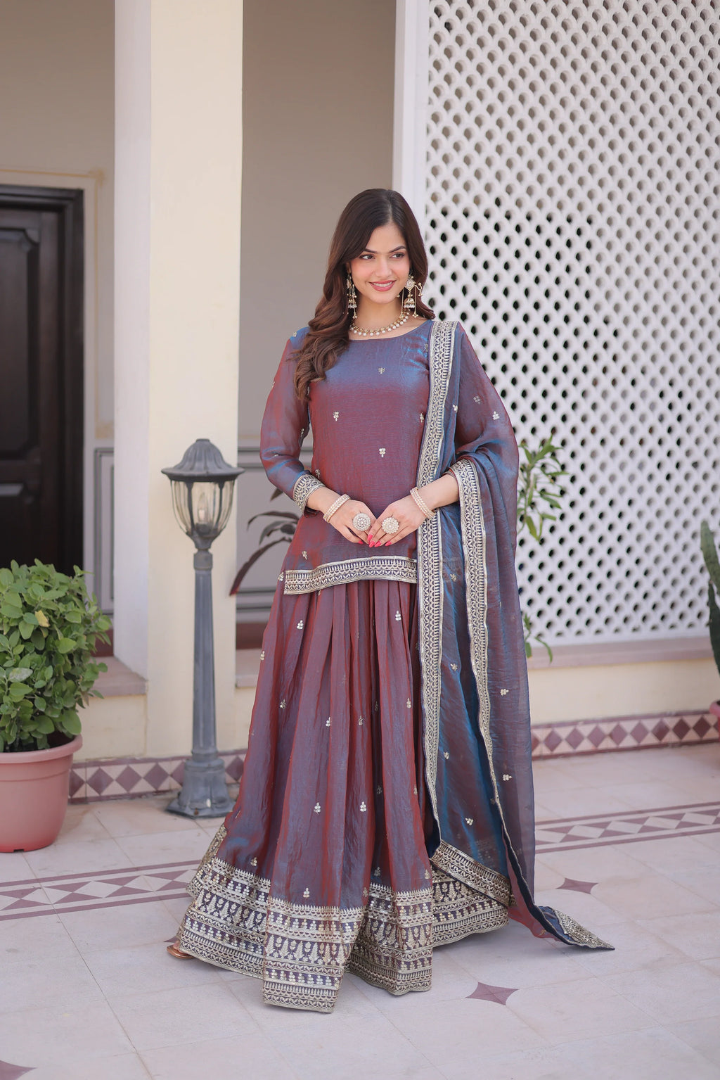 Nevria purple mauve Fendi chiffon lehenga choli with sequins embroidery