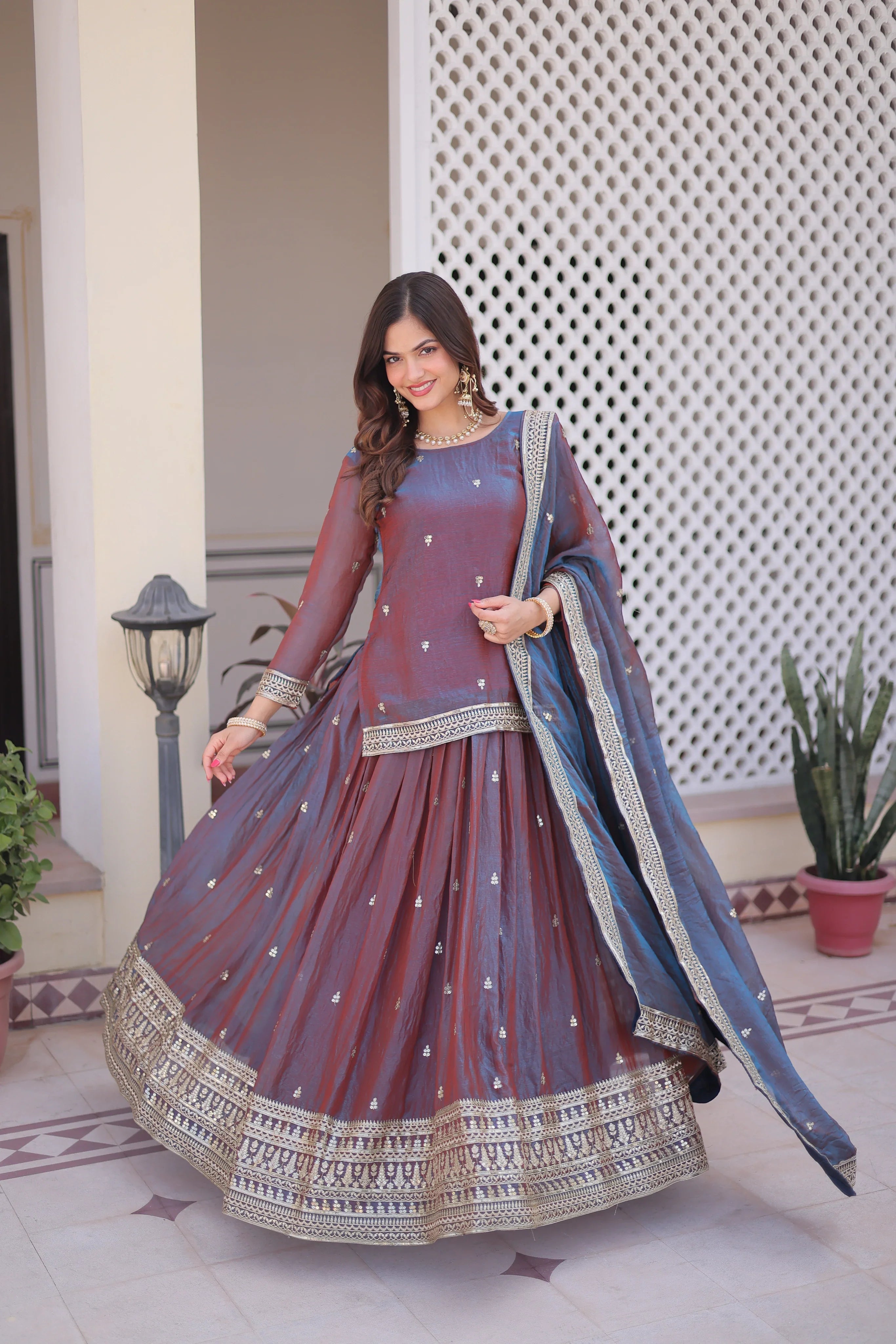 Nevria purple mauve Fendi chiffon lehenga choli with sequins embroidery