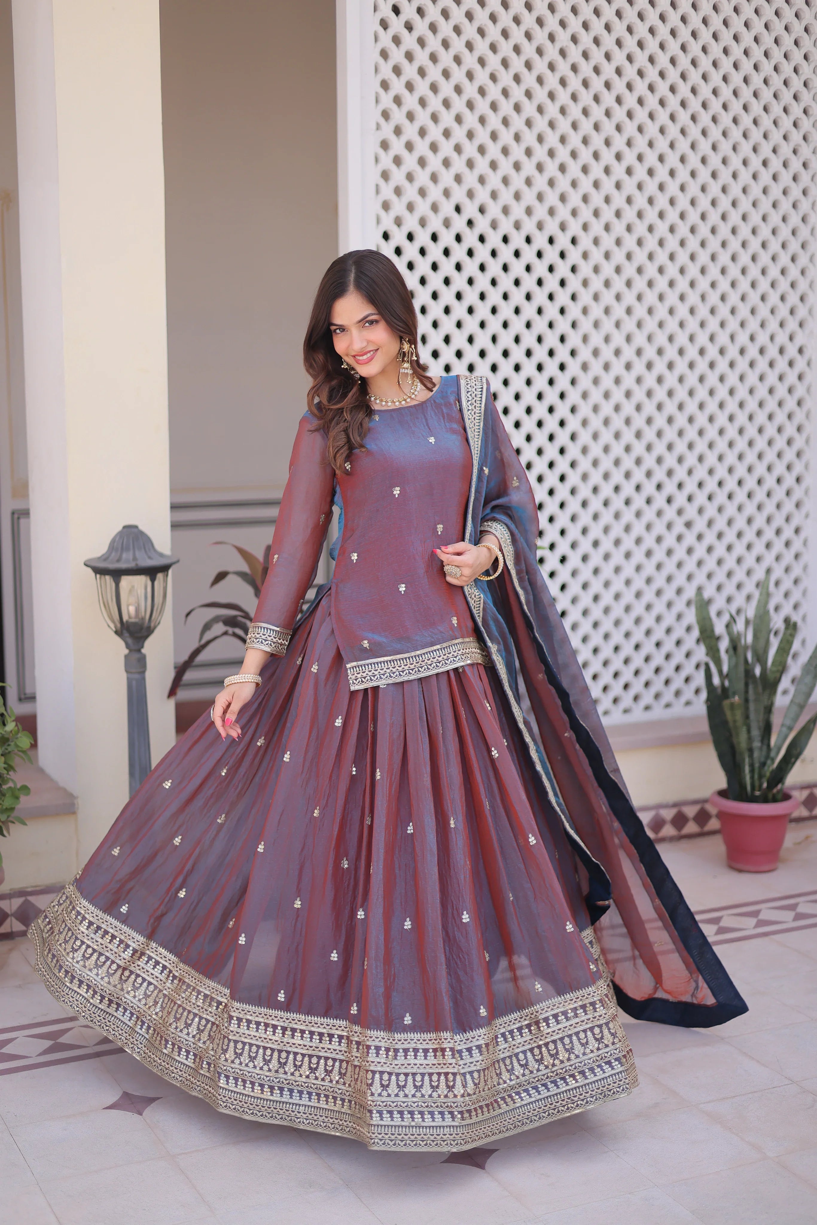Nevria purple mauve Fendi chiffon lehenga choli with sequins embroidery