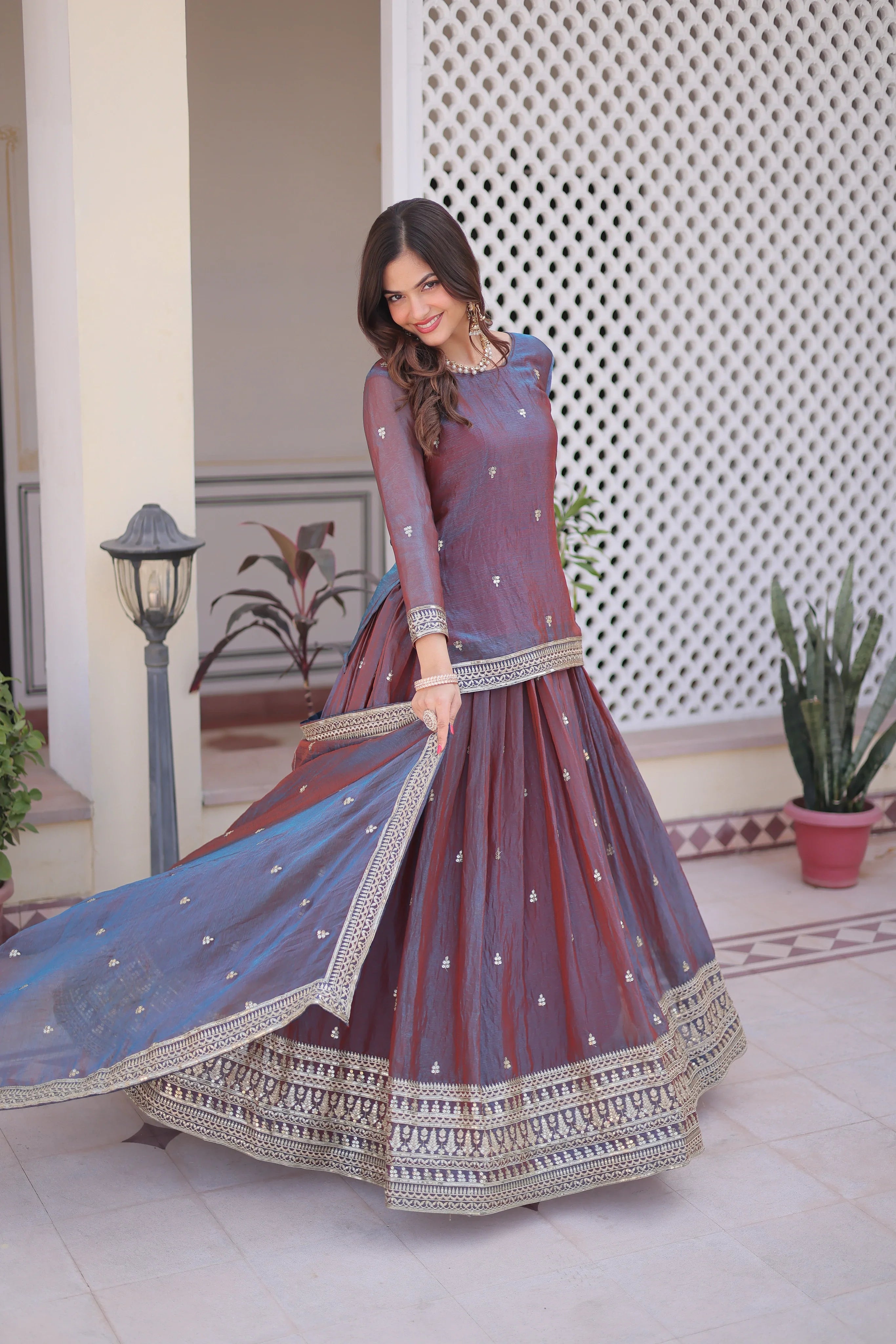 Nevria purple mauve Fendi chiffon lehenga choli with sequins embroidery