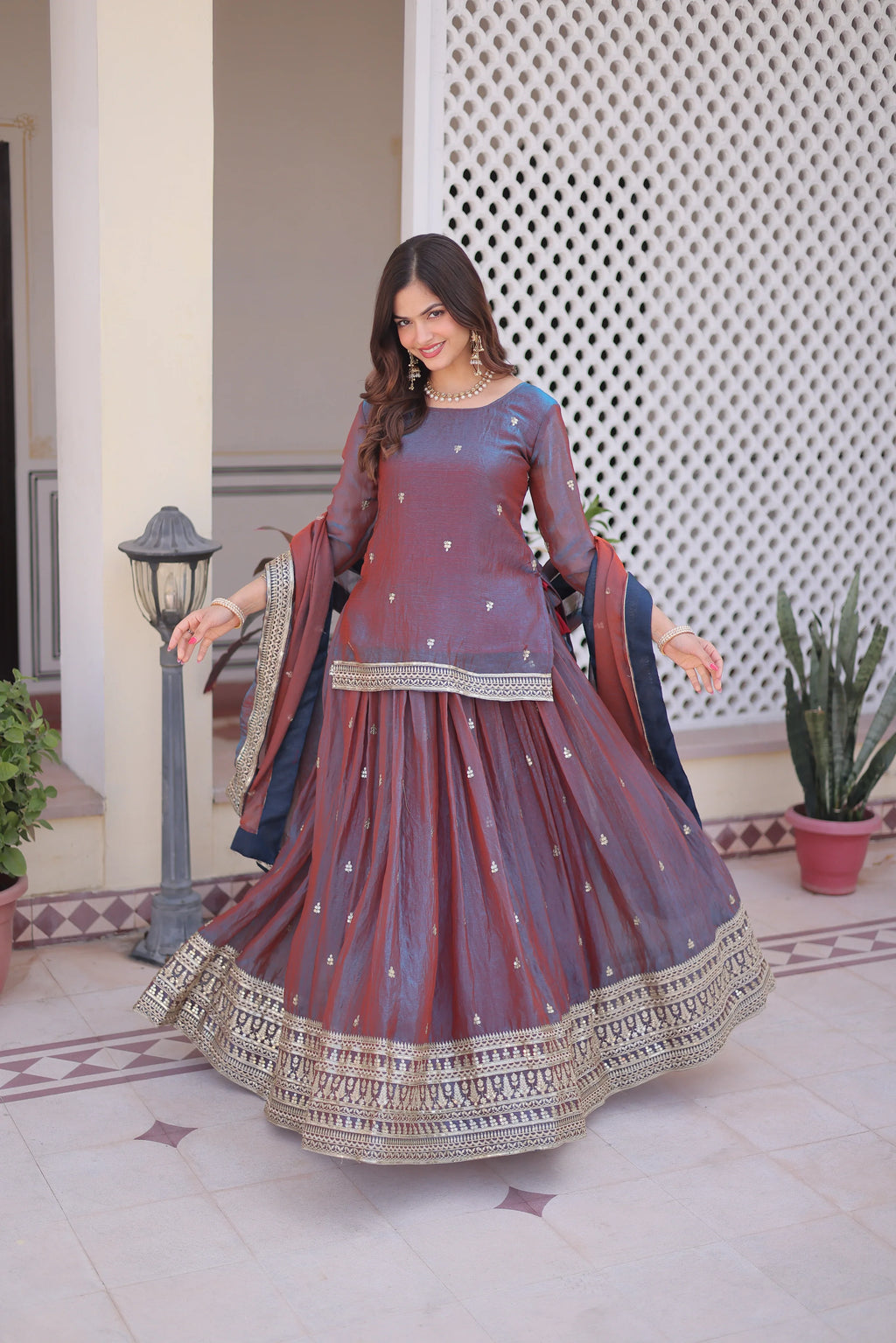 Nevria purple mauve Fendi chiffon lehenga choli with sequins embroidery