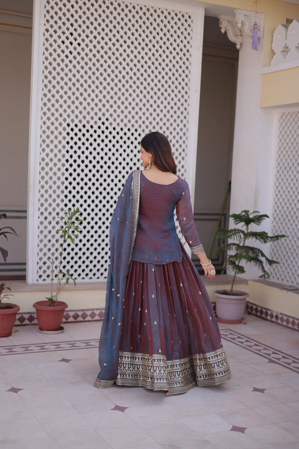Nevria purple mauve Fendi chiffon lehenga choli with sequins embroidery