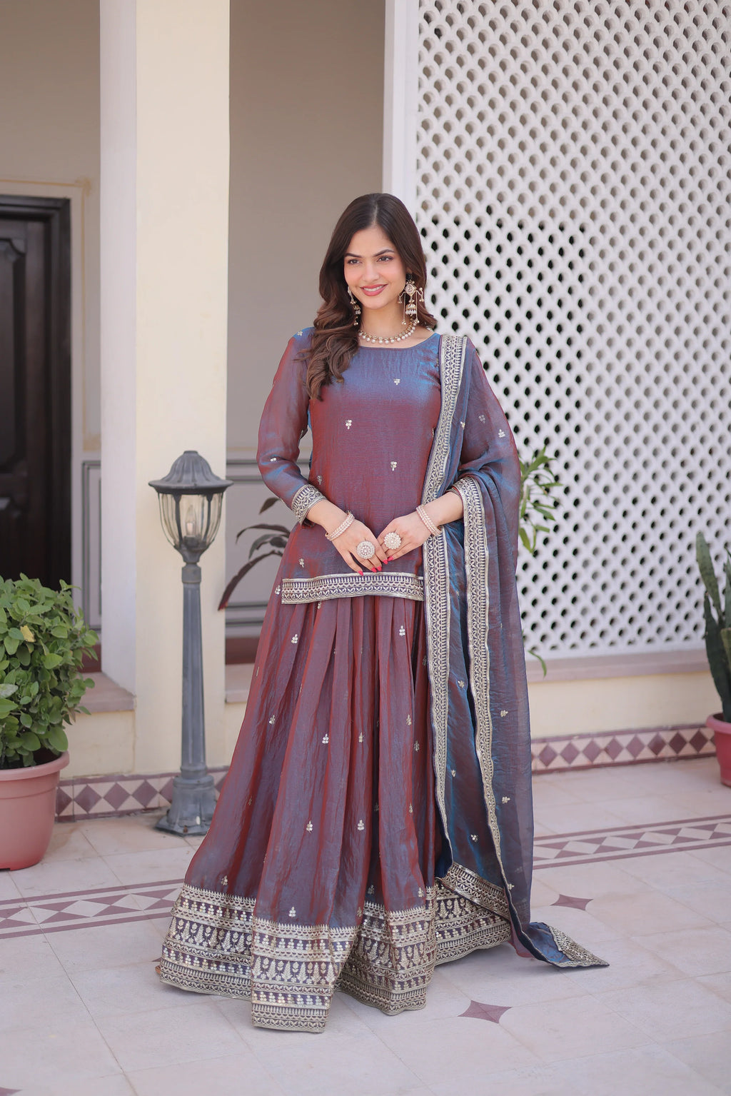 Nevria purple mauve Fendi chiffon lehenga choli with sequins embroidery