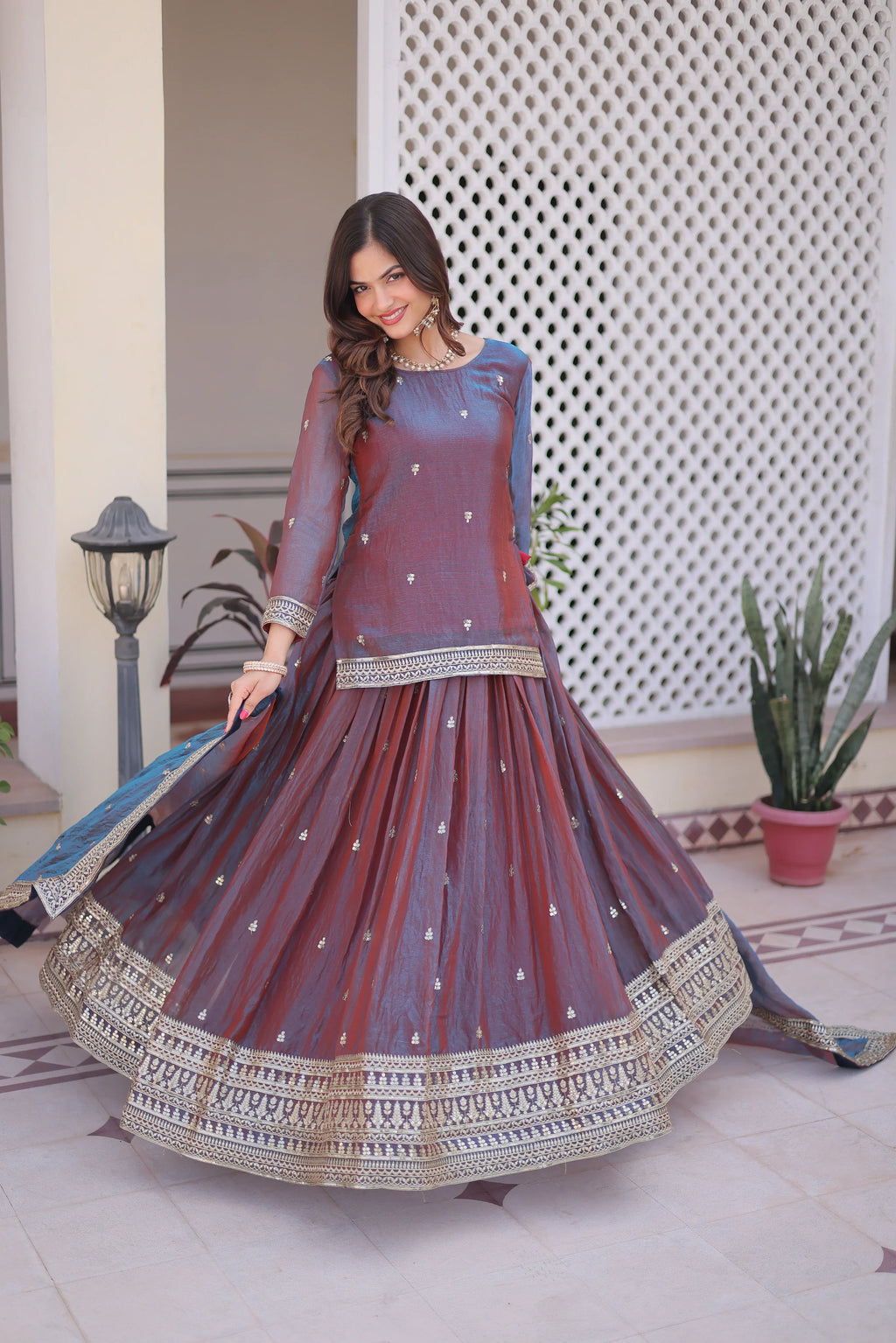 Nevria purple mauve Fendi chiffon lehenga choli with sequins embroidery