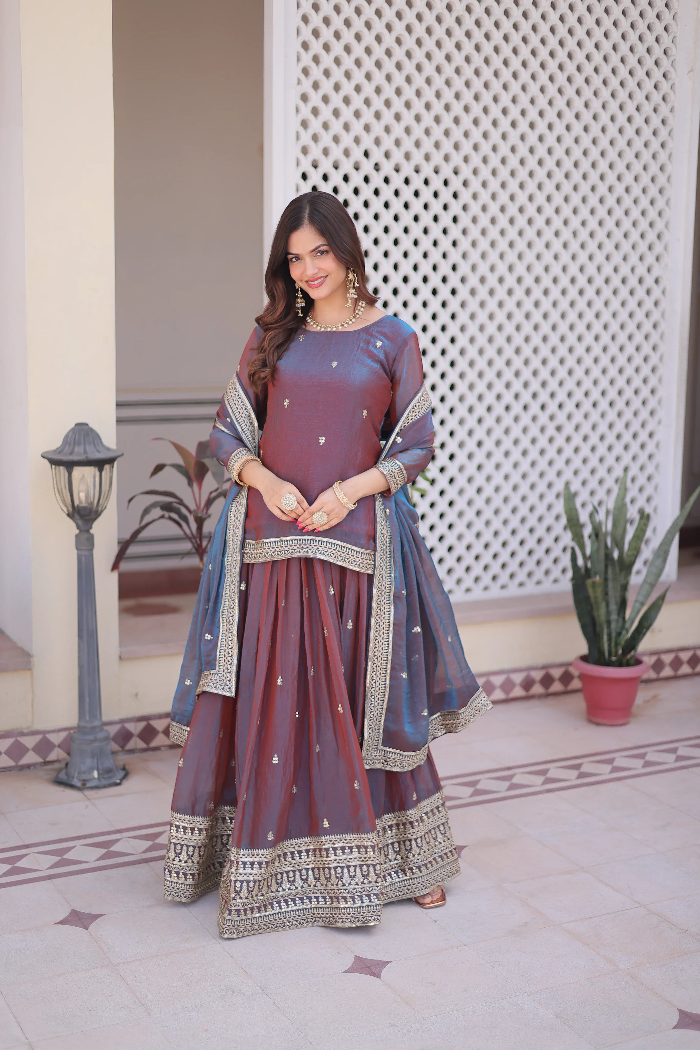 Nevria purple mauve Fendi chiffon lehenga choli with sequins embroidery